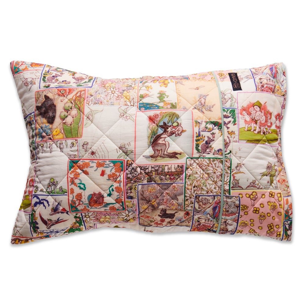 Kip&Co X May Gibbs Organic Cotton Quilted Pillowcase with Patches - Soft Decorative Throw Pillow Cover for Bed, Sofa & Nursery - Perfect for Kids Room, Living Room & Home Decor