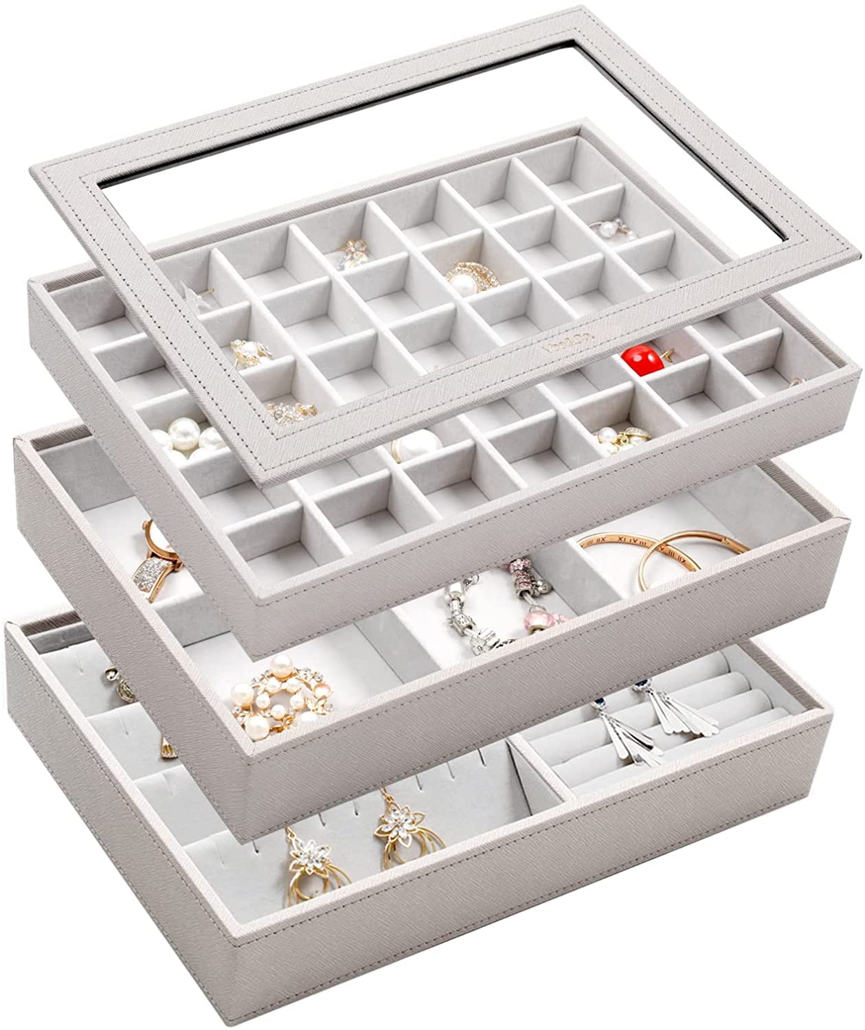 Vee Jewelry Organizer with Lid - 3-Piece Stackable Jewelry Storage Box for Earrings, Necklaces, Bracelets & Rings - Large Capacity Drawer Organizer (Grey) | Perfect for Travel, Home & Gift Giving