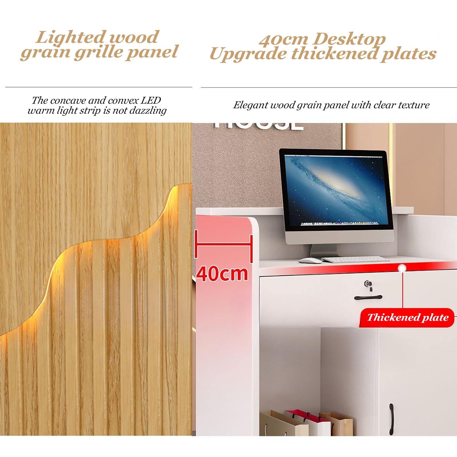 Modern L-Shaped Reception Desk Counter with Open Shelves & Drawers - Cashier Front Desk for Retail Stores, Supermarkets, Hotels & Offices - Durable Standing Workstation for Efficient Customer Service & Workspace Organization