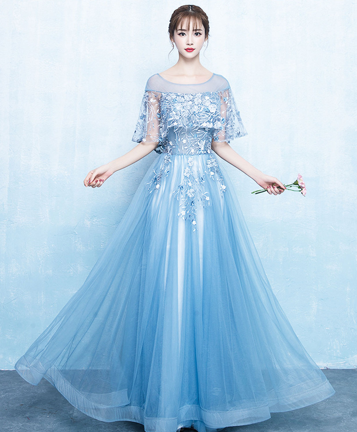 Elegant Blue Tulle Lace Long Prom Dress for Women - Formal Evening Gown for Homecoming, Wedding, Ball Gown & Special Occasions