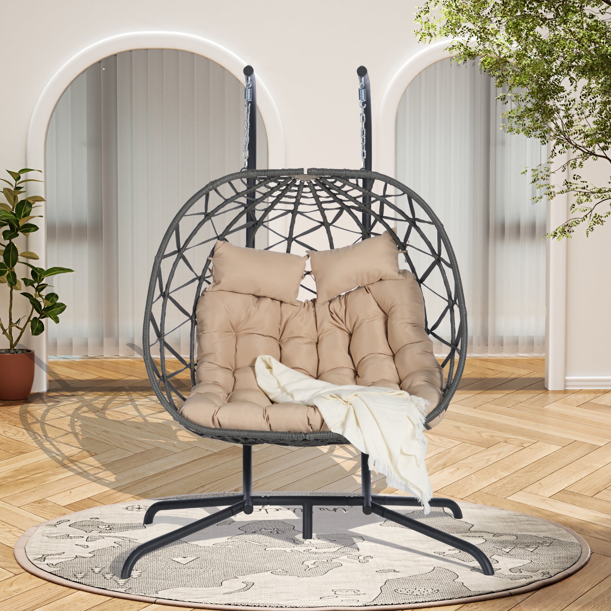 Double Egg Chair with Stand - Hanging Indoor/Outdoor Wicker Rattan Swing Chair with UV-Resistant Cushions (600 lb Capacity) - Perfect for Bedroom, Balcony, Patio & Garden Relaxation