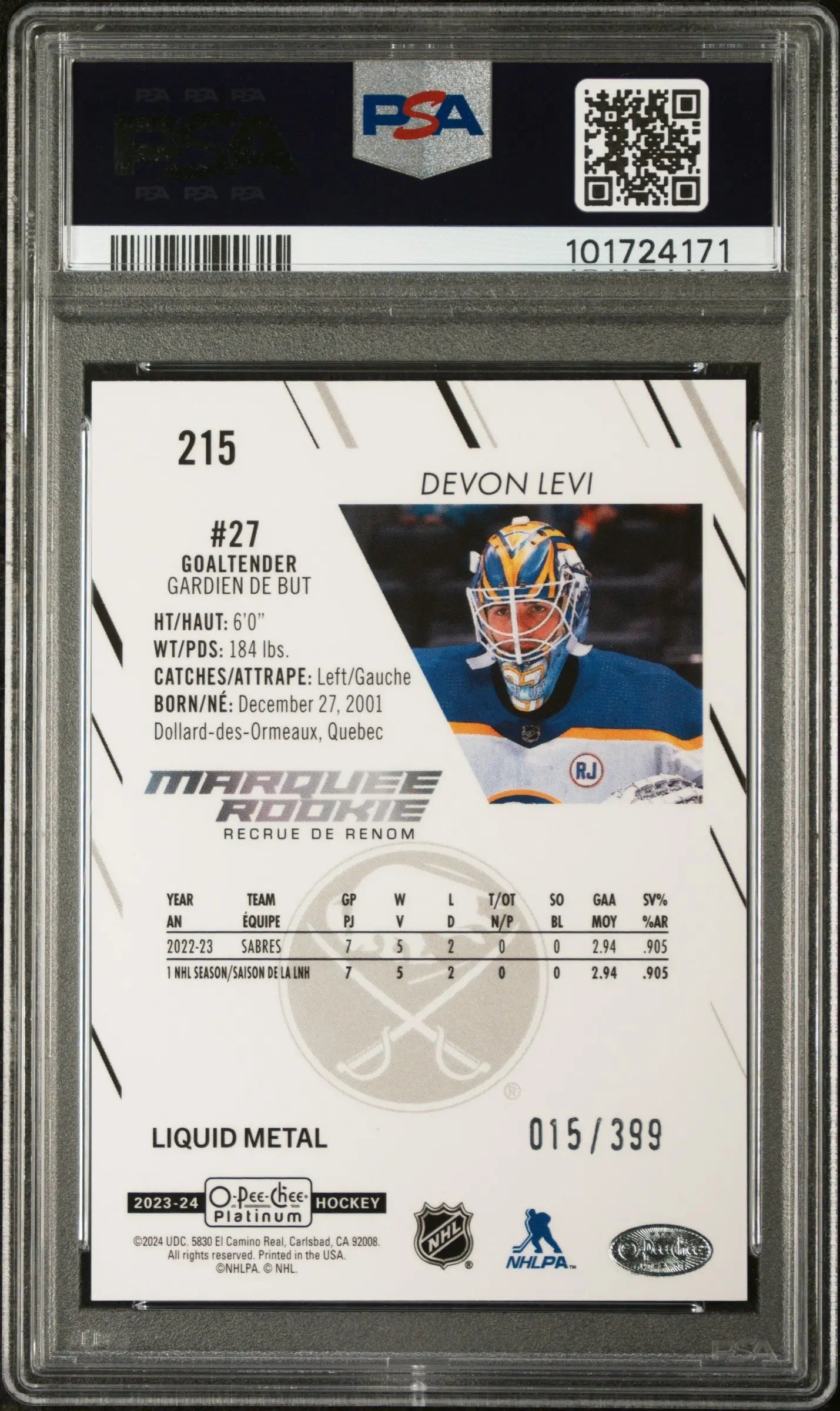 2023 O Pee Chee Platinum Devon Levi Marquee Rookie Liquid Metal PSA 10 /399 - Rare Hockey Trading Card for Collectors & Investors - Perfect for Display, Gifting, and Sports Memorabilia Collections