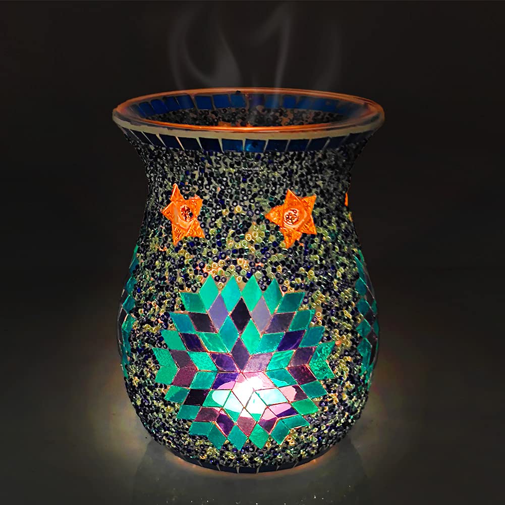 SHMILMH Mosaic Glass Essential Oil Burner - Navy Blue Tealight Candle Holder, Fragrance Warmer & Aroma Diffuser for Home, Spa, Yoga | Christmas Table Decor, Gift Idea