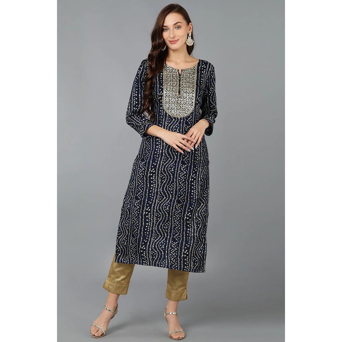 Navy Blue Viscose Rayon Bandhani Embroidered Straight Kurta for Women | Traditional Indian Ethnic Wear | Perfect for Festivals, Weddings & Casual Outings