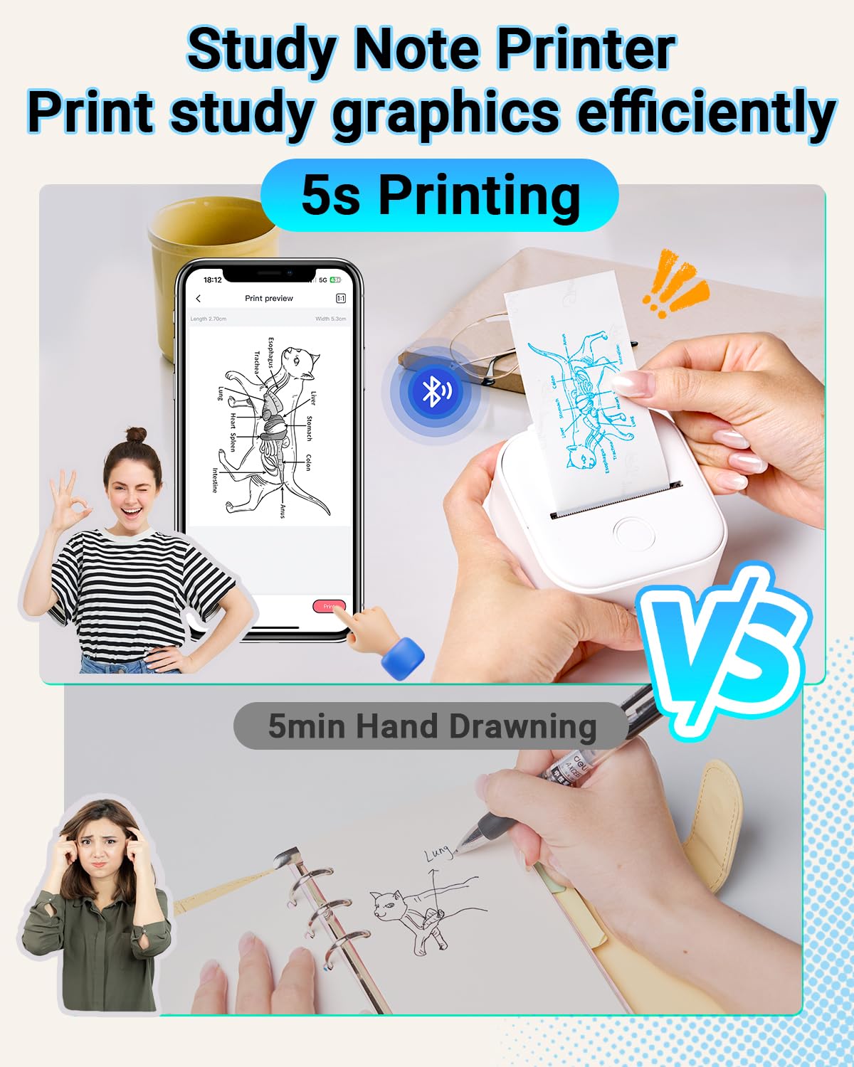 Memoking T02 Sticker Printer - Portable Thermal Inkless Label Maker for Study, Office & Home | Print Custom Stickers, Diagrams, Receipts & Photos | Compact Pocket-Size Design for Phone Labeling & Organization