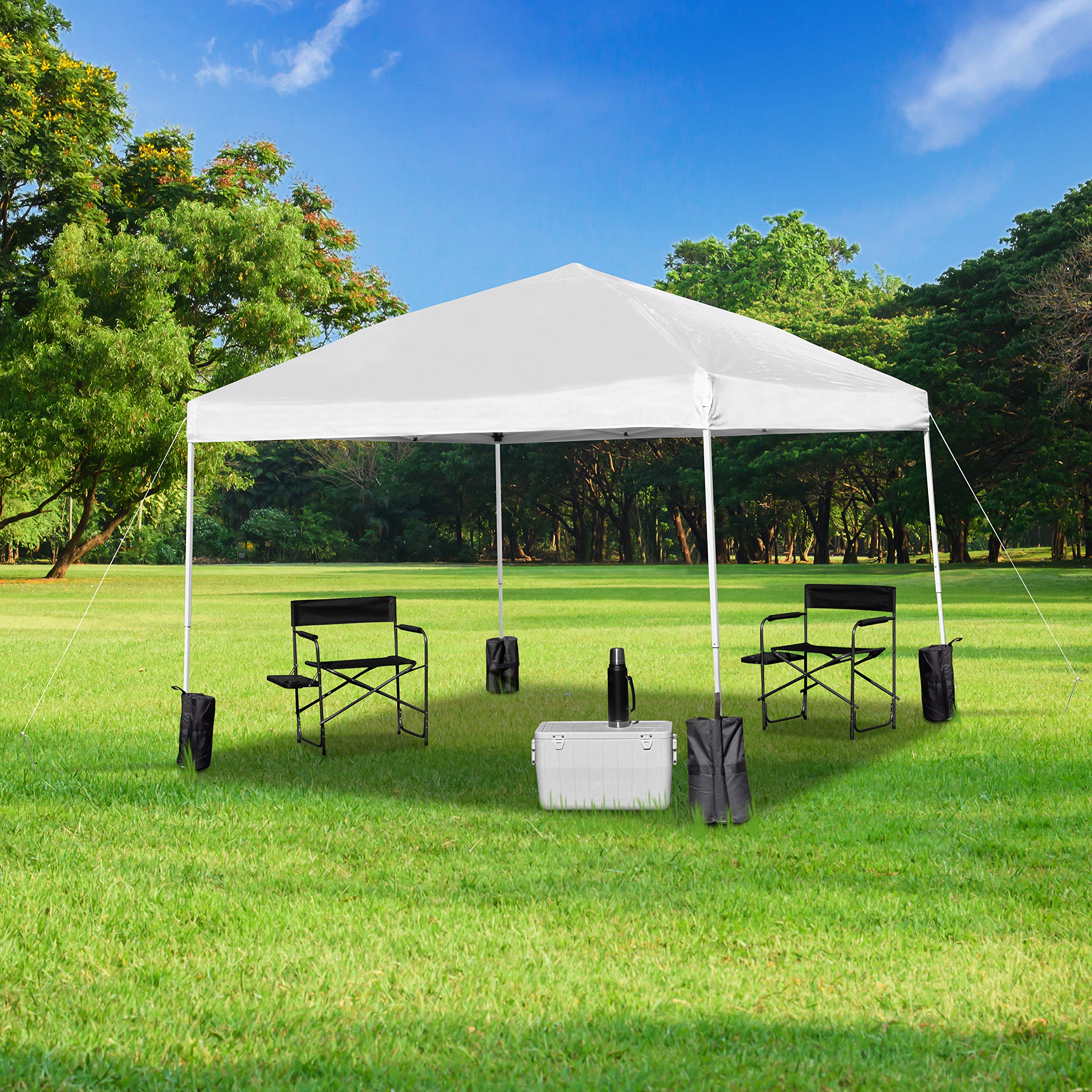 EMMA + OLIVER Ukko 10'x10' Pop Up Canopy Tent - White Weatherproof Polyester Top with UV Protection - Reinforced Corners for Stability - Includes Sand Bags & Wheeled Carry Case - Perfect for Outdoor Events, Beach Parties, Camping and Backyard Gatherings