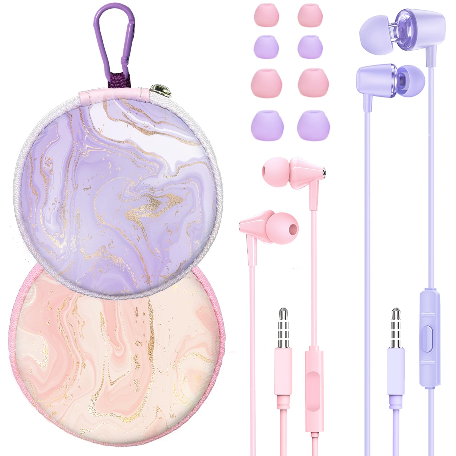 2 Packs of Aesthetic Wired Earbuds with Case for Kids & Teens - 3.5mm Headphones with Small Ear Tips for School, Phone, PC & Laptop (Pink-Purple) - Perfect for Studying, Online Classes & Music Listening