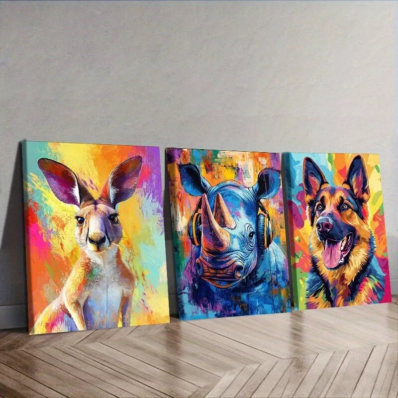 3-Piece Animal Wall Art Set - Colorful Background Framed Canvas Prints 40x60cm - High Quality Australian Made - Ready to Hang - Perfect for Living Room, Bedroom & Nursery Decor