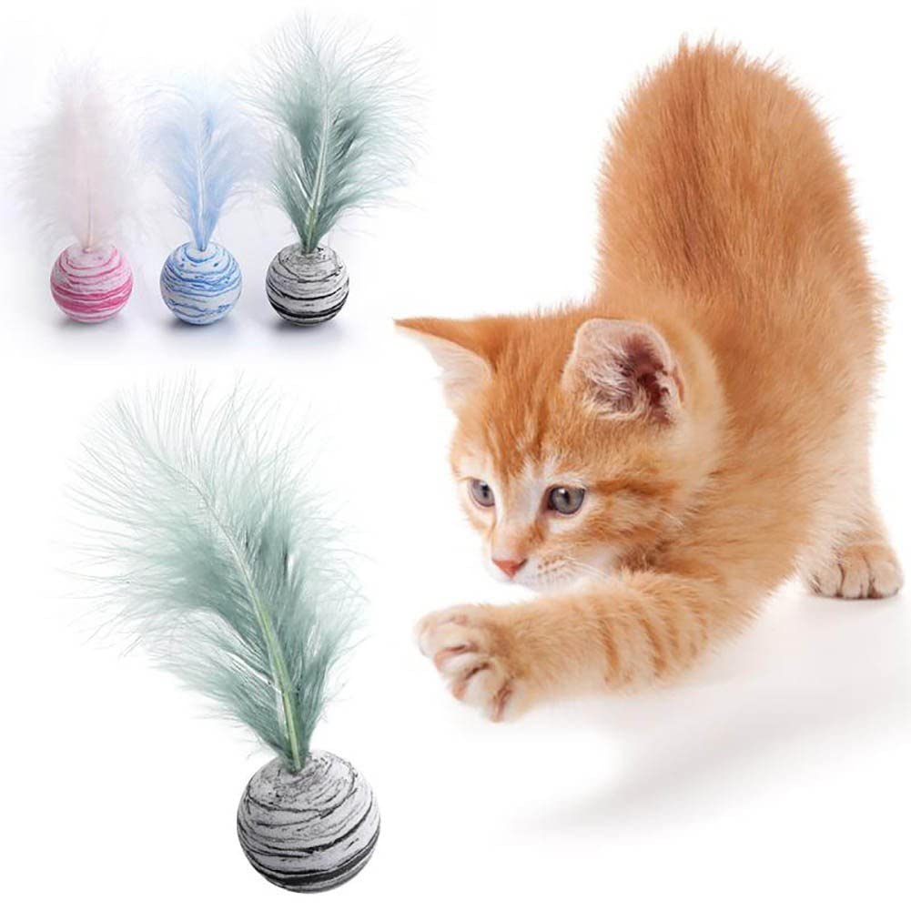 3pcs Bouncy Cat Toys with Feathers - Soft Interactive Kitten Balls for Indoor Play, Exercise & Training - Perfect for Playtime, Bonding & Stimulation