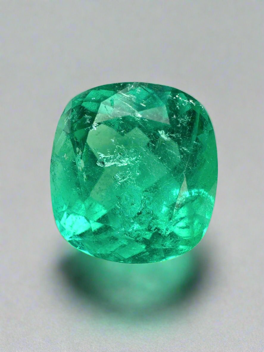 3.99 Carat Natural Colombian Emerald - 10.3x9.4mm Earthy Bluish Loose Gemstone, Cushion Cut for Jewelry Making & Engagement Rings
