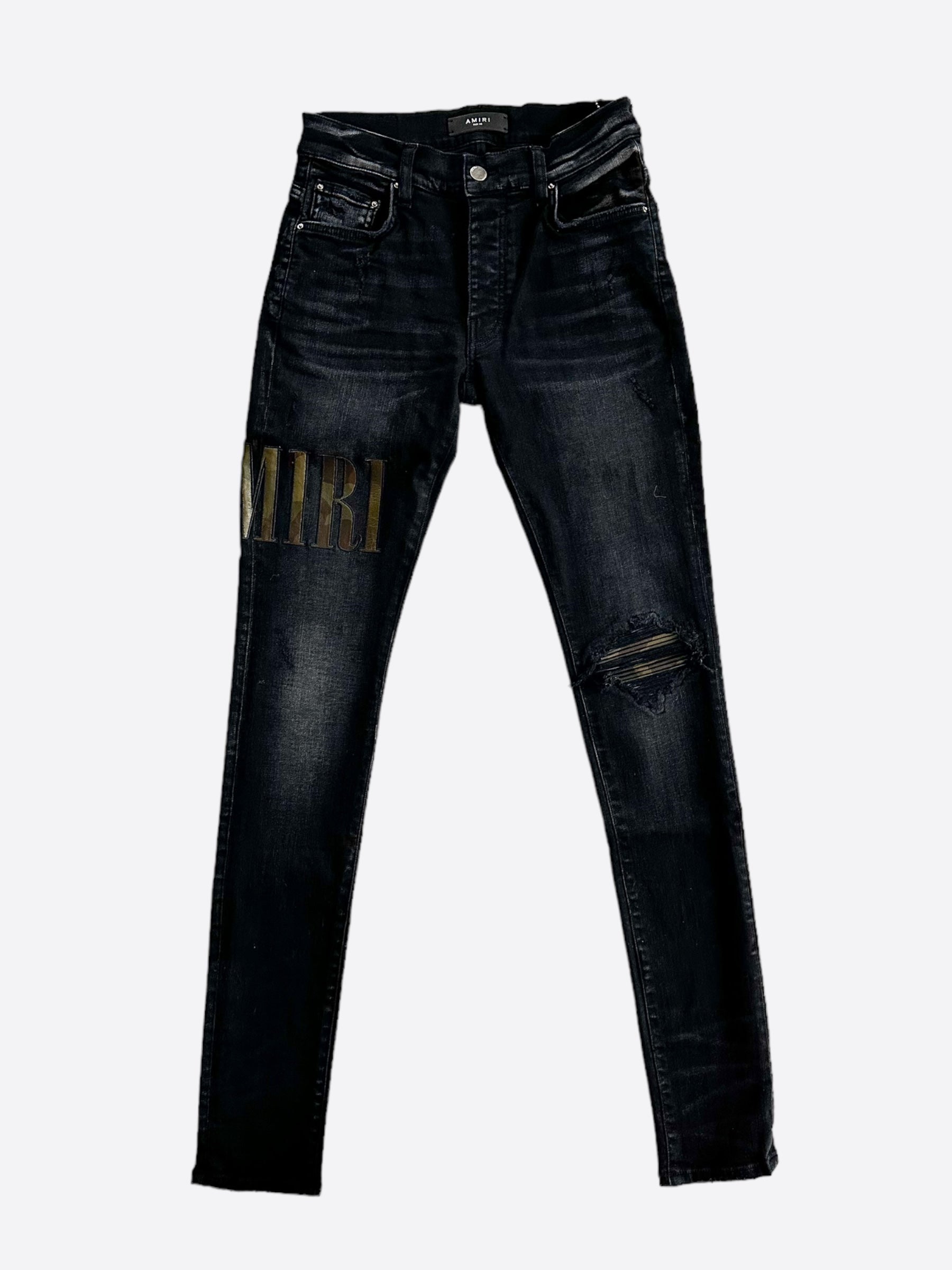 Amiri Aged Black Camouflage Core Applique Logo Jeans for Men - Distressed Denim Pants with Unique Design, Perfect for Streetwear and Casual Outfits