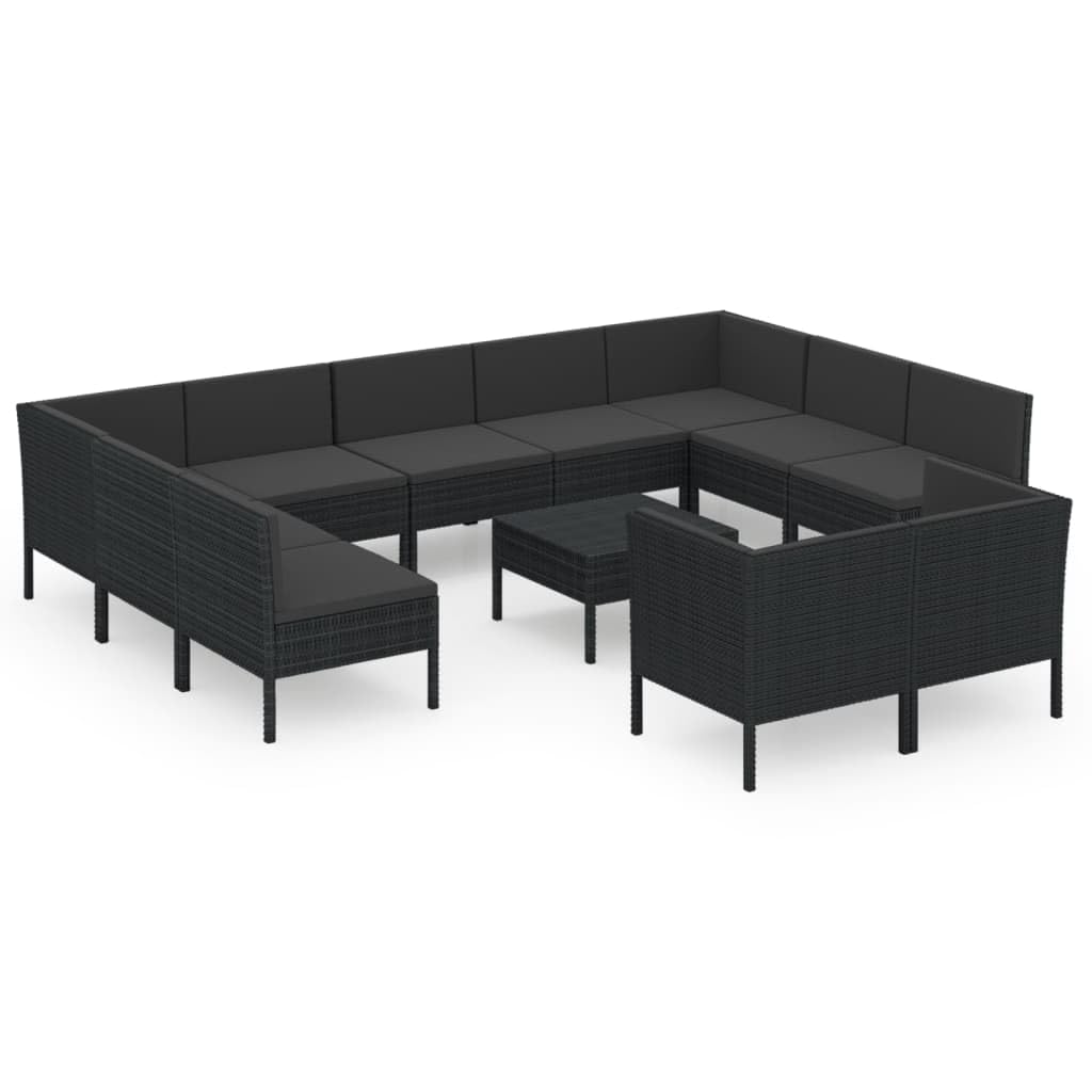 12-Piece Black Patio Lounge Set with Cushions - Modular Outdoor Furniture Rattan Sofa Set - Weather-Resistant Poly Rattan & Powder-Coated Steel Frame - Perfect for Garden, Poolside, and Backyard Relaxation