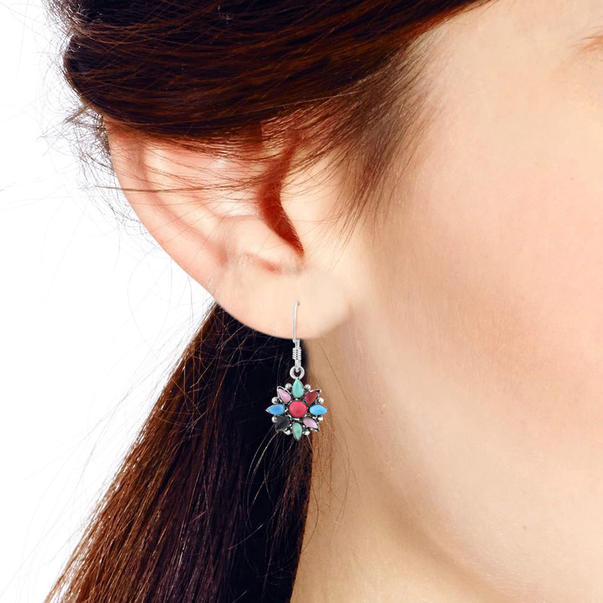 Rainbow Mandala Flower Dangle Earrings for Women - .925 Sterling Silver with Multi-Color Stone Inlay - Boho Chic Jewelry for Festival, Party & Everyday Wear
