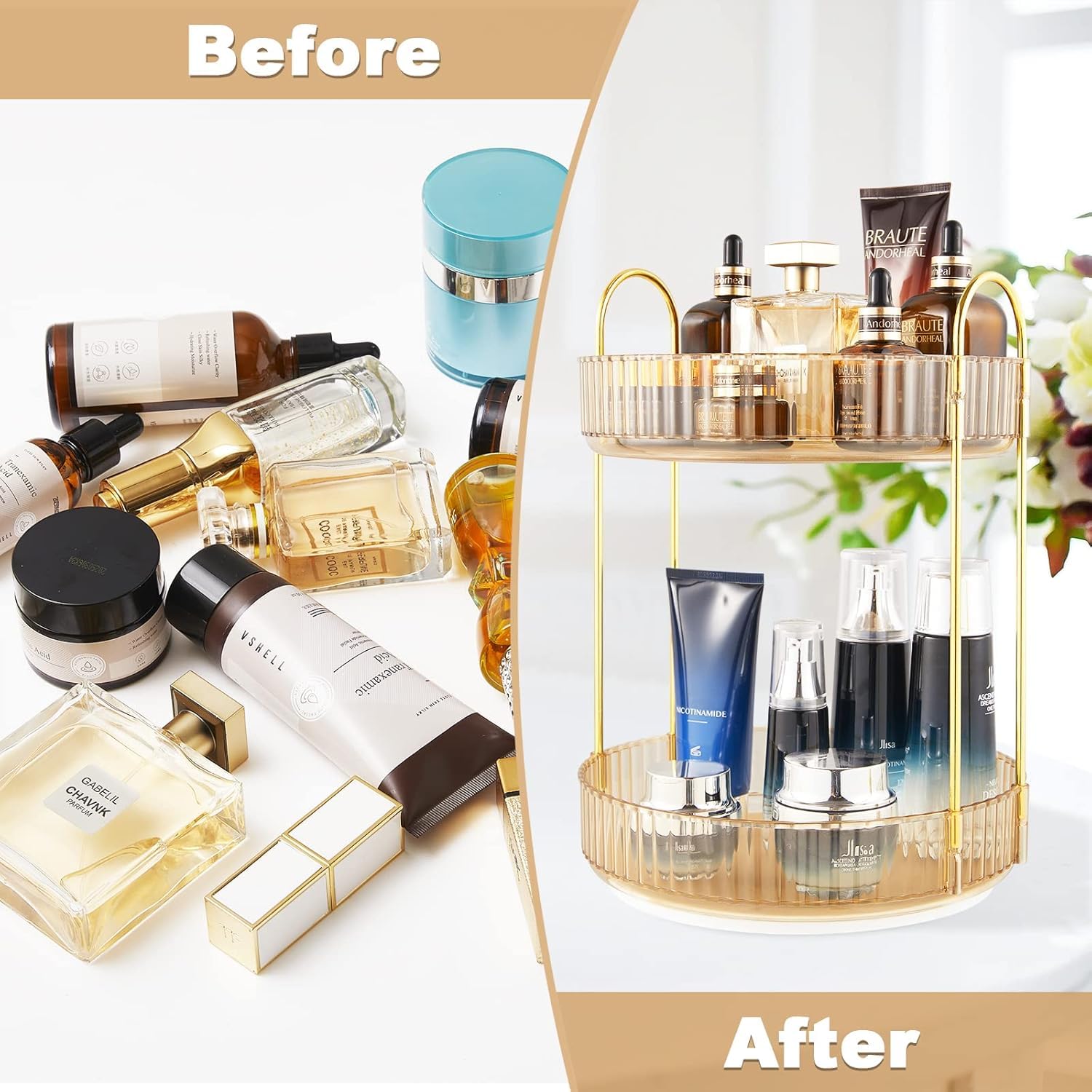 360° Rotating Makeup Organizer with 2 Tiers - Large Capacity Cosmetic Storage for Vanity, Bathroom & Countertop | Holds Perfume, Skincare, Lipsticks & Cosmetics | Space-Saving Amber Organizer for Bedroom, Dressing Table & Bathroom Decor