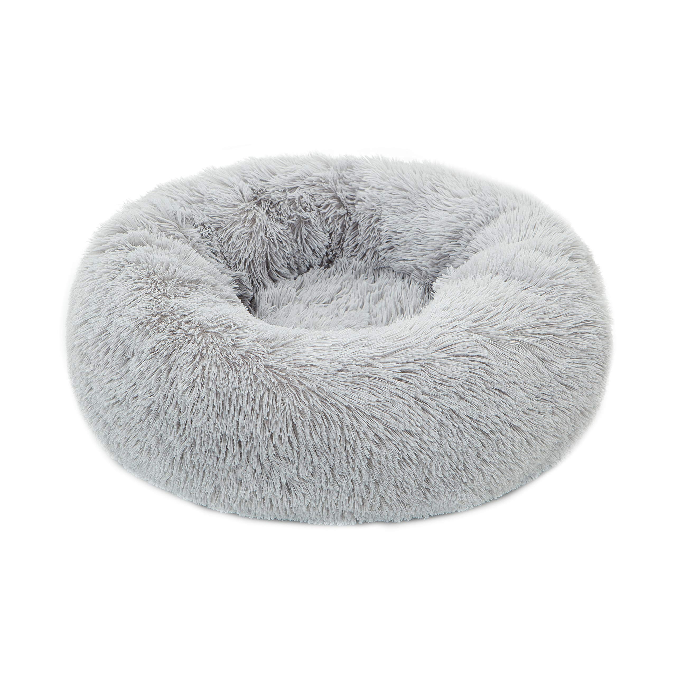 Plush Round Faux Fur Dog & Cat Bed - Self-Warming Calming Pet Cushion for Small Pets, Anti-Anxiety Cozy Bolster Bed (20