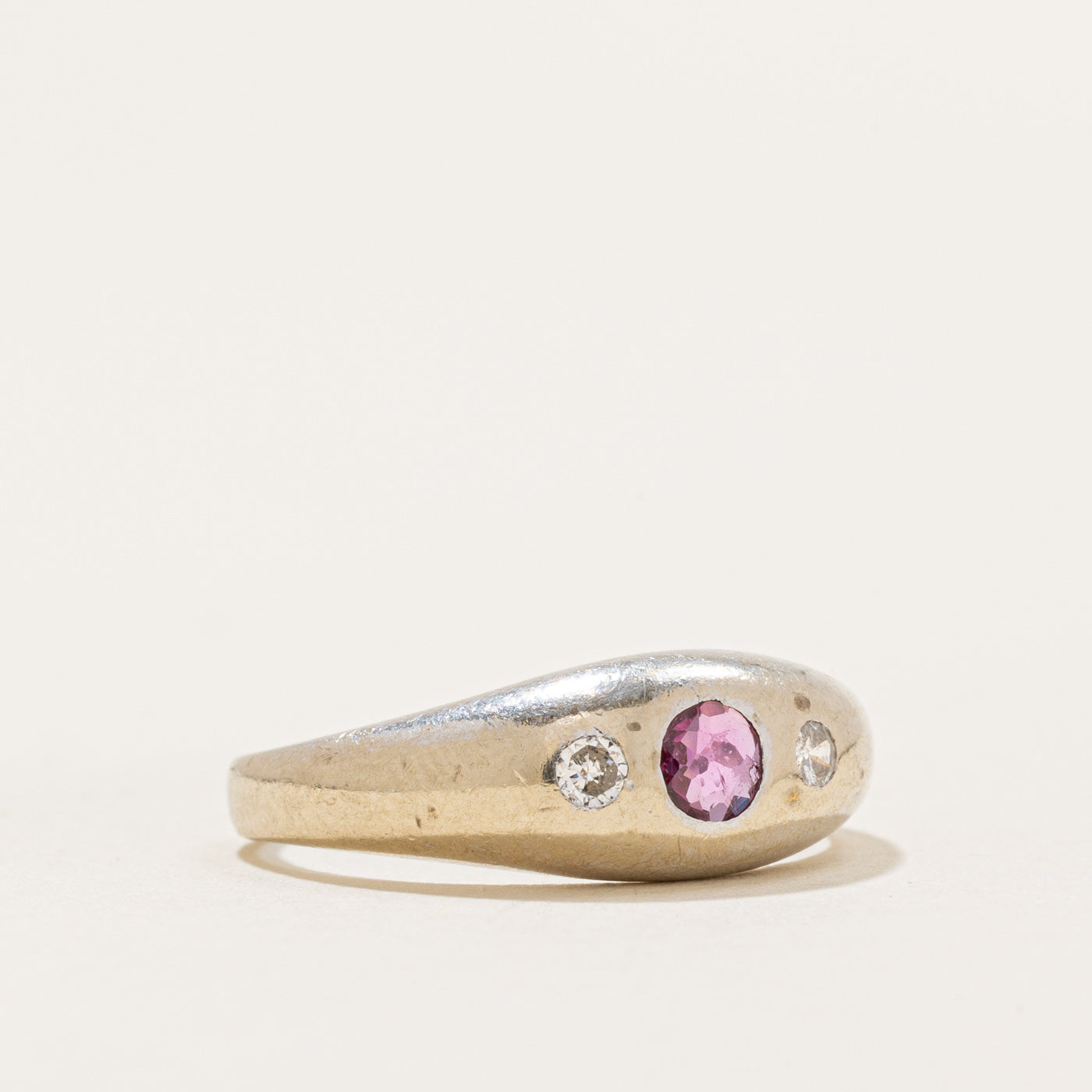 Flush Set Ruby & Diamond Dome Ring - 0.06ct Ruby & 0.03ctw Diamond Engagement Ring - Size 4.25 - Perfect for Valentine's Day, Anniversary & Wedding Gifts