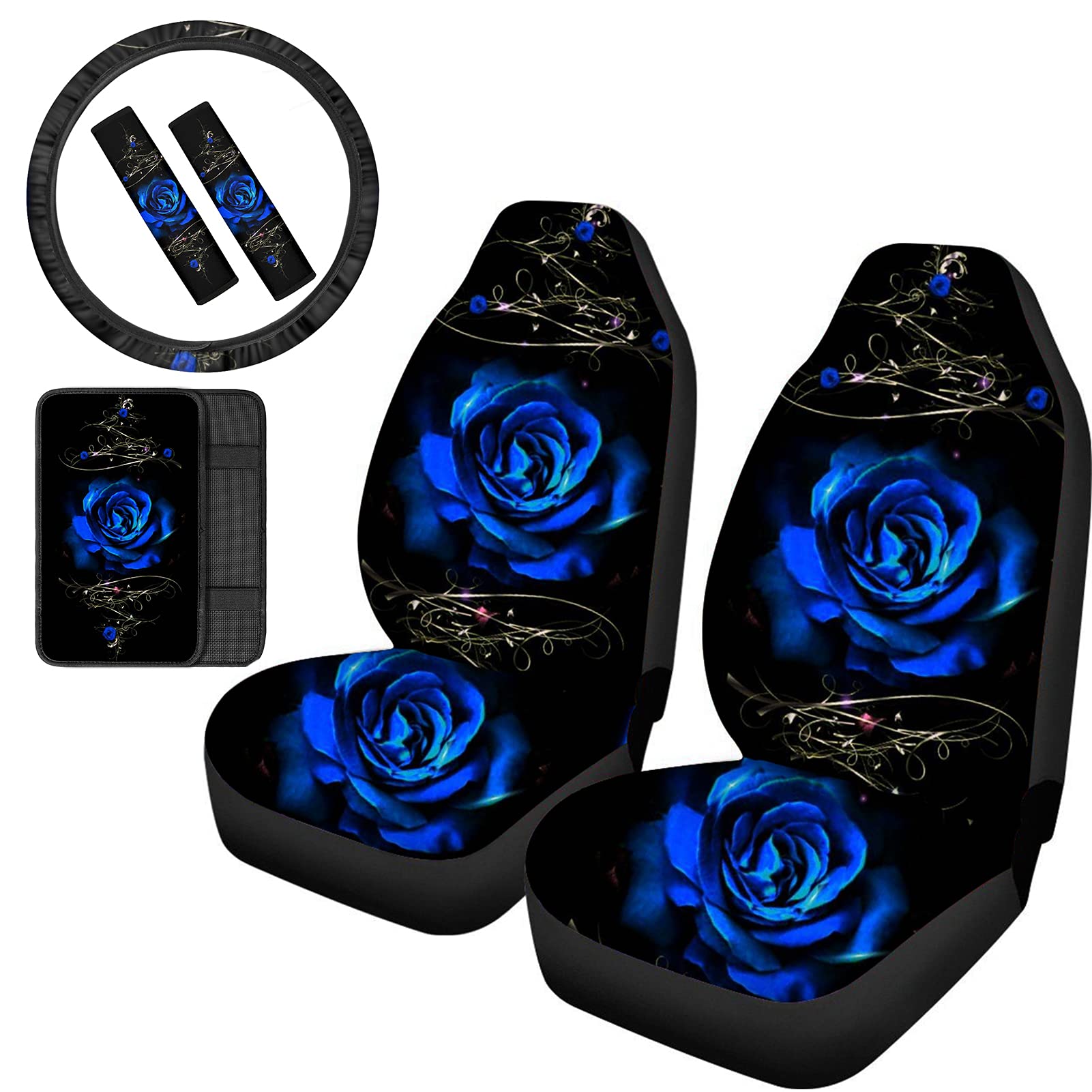 FUIBENG 6-Piece Blue Rose Car Seat Cover Set - Includes Steering Wheel Cover, Seat Belt Pads & Armrest Cushions | Floral Car Accessories for Comfort & Style | Perfect for Sedans, SUVs & Daily Commuting