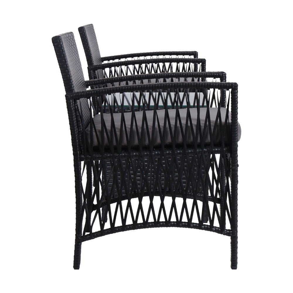 3-Piece Outdoor Bistro Set - Patio Furniture with Wicker Dining Chairs & Table - Black Cushion Included - Perfect for Garden, Balcony, and Backyard Relaxation