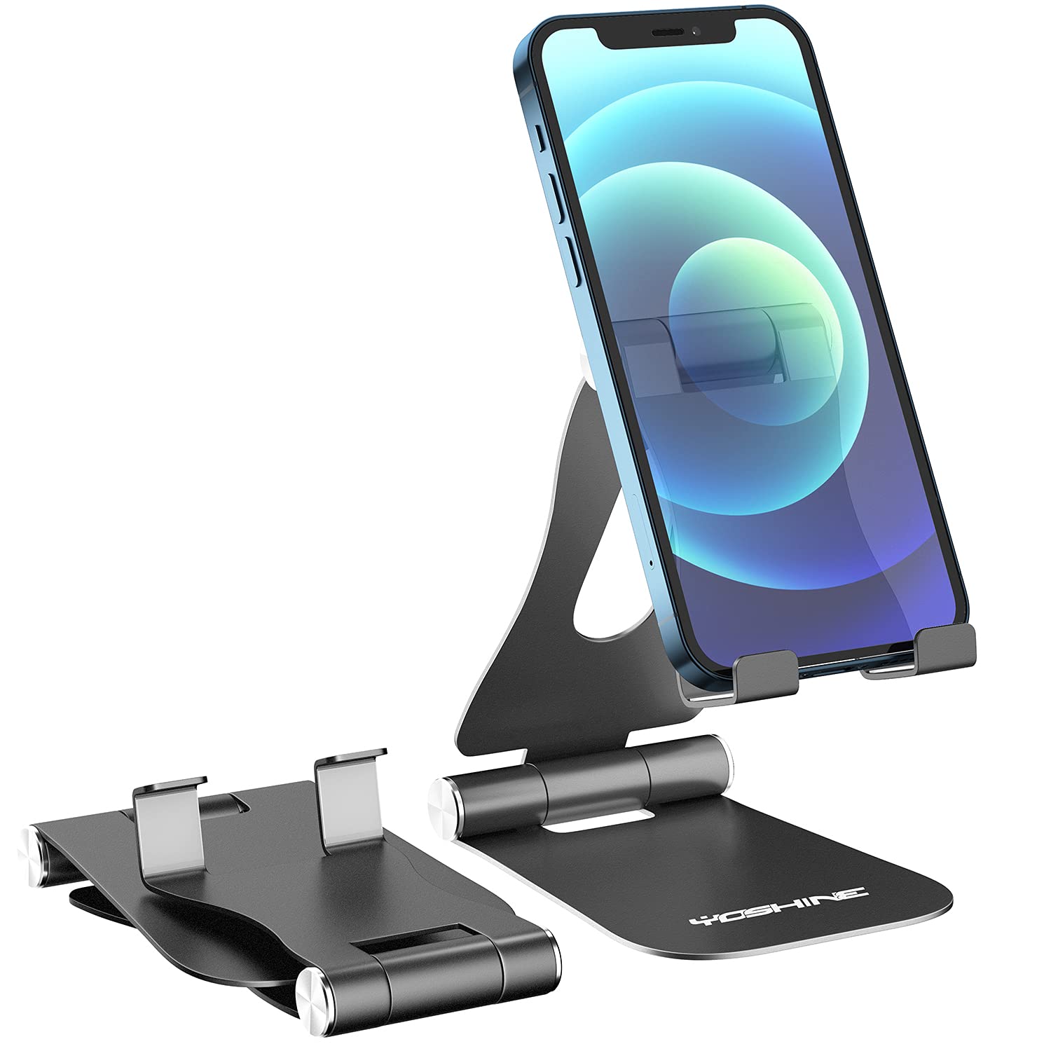 YOSHINE Upgraded Adjustable Aluminum Phone Stand for Desk - Foldable & Portable Cell Phone Holder, Tablet Cradle Dock for iPhone & iPad (4-13 inch) - Black | Perfect for Home Office, Video Calls, Watching Movies & Hands-Free Reading