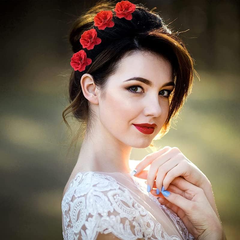 12 Pieces Rose Flower Hair Clips - Bridal Hairpins for Women & Girls, Wedding Hair Accessories, Fabric Bridesmaid Bobby Pins (Red) | Perfect for Weddings, Proms, Parties & Special Occasions