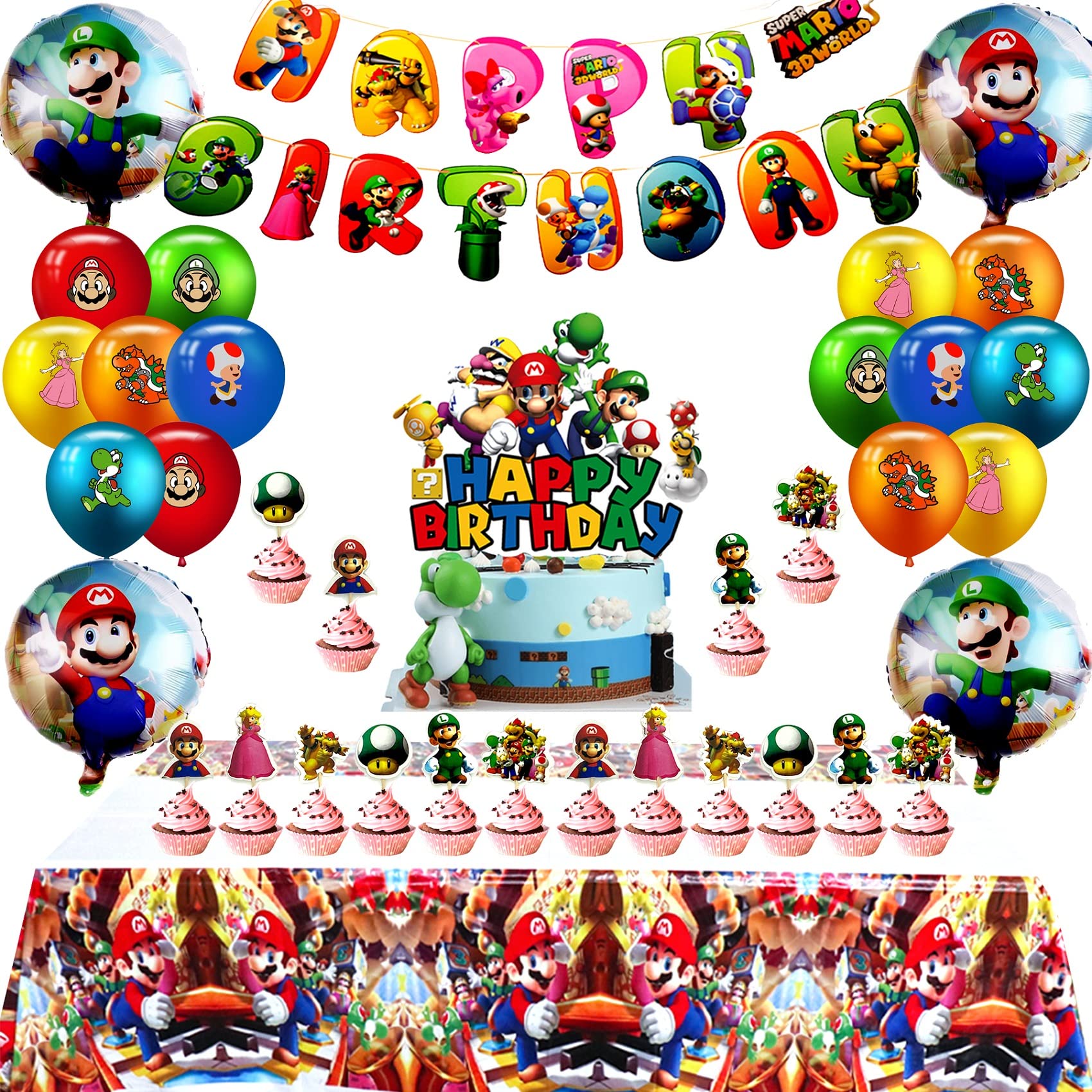 Super Mario Bros Party Supplies Set - Birthday Decorations with Banner, Cupcake Toppers, Cake Toppers, Latex & Foil Balloons, Table Cover for Kids | Video Game Themed Party Decor for Mario Birthday Celebrations, Game Nights & Themed Events