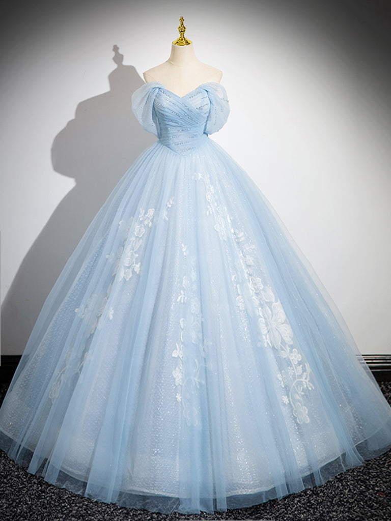 Elegant A-Line Tulle Lace Blue Long Prom Dress | Off-Shoulder Sweet 16 Formal Gown | Perfect for Homecoming, Quinceañera & Evening Parties