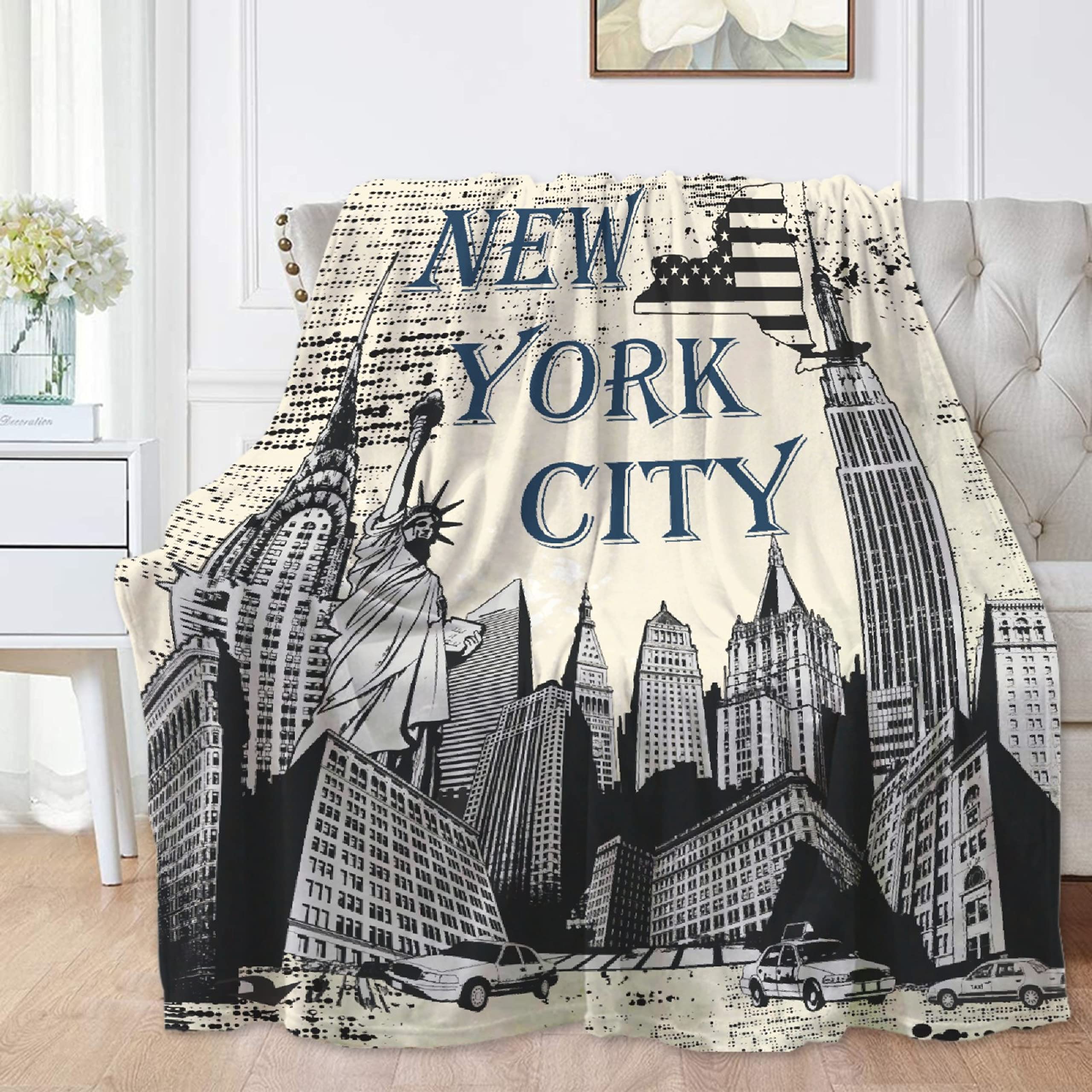 Retro New York City Themed Flannel Fleece Throw Blanket - Ultra Soft & Warm 120