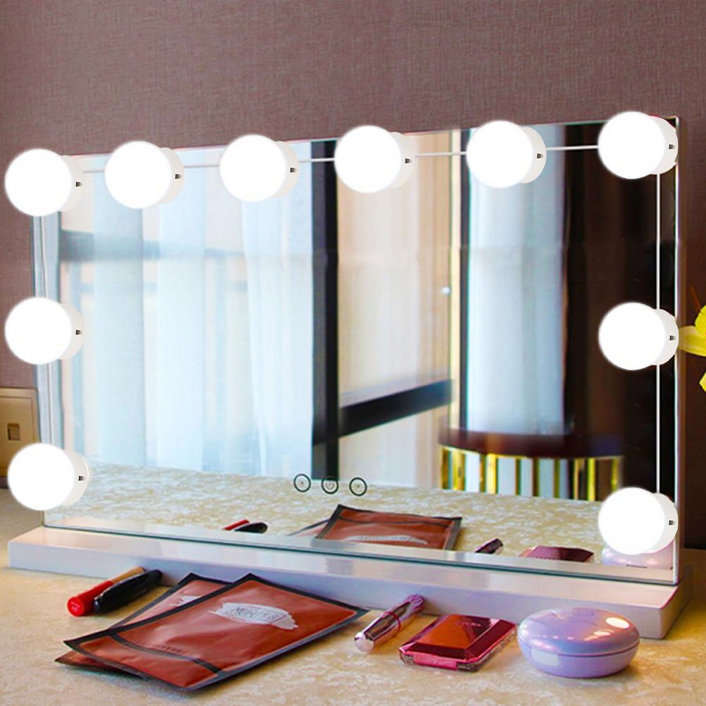 Hollywood LED Vanity Mirror Lights - 10Pcs Dimmable Makeup Lights with 3 Colors for Dressing Room & Beauty Table