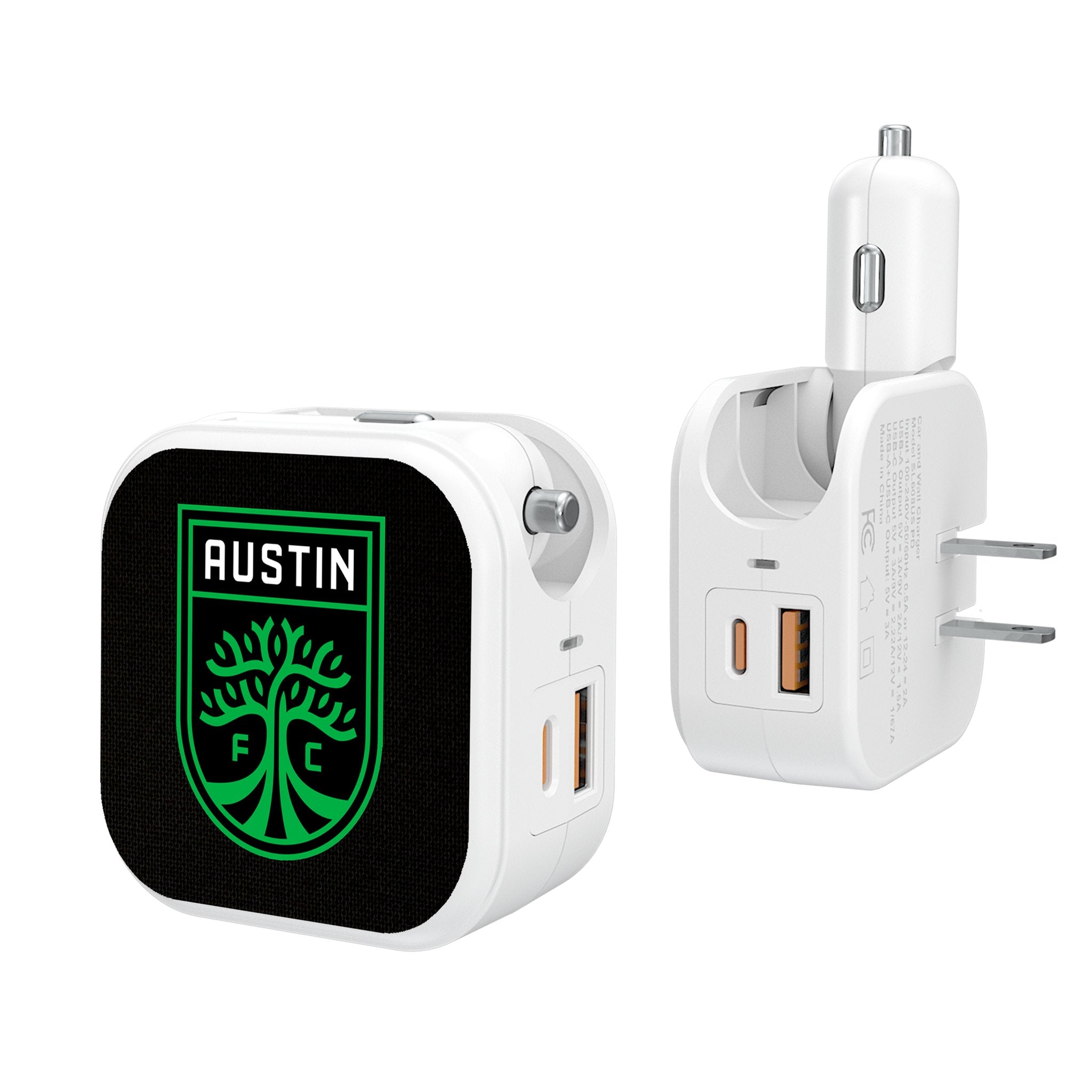 Austin FC 2-in-1 USB Charger - Fast Charging Dual Port Car & Wall Adapter for iPhone, Android - Perfect for Travel, Home & Office Use