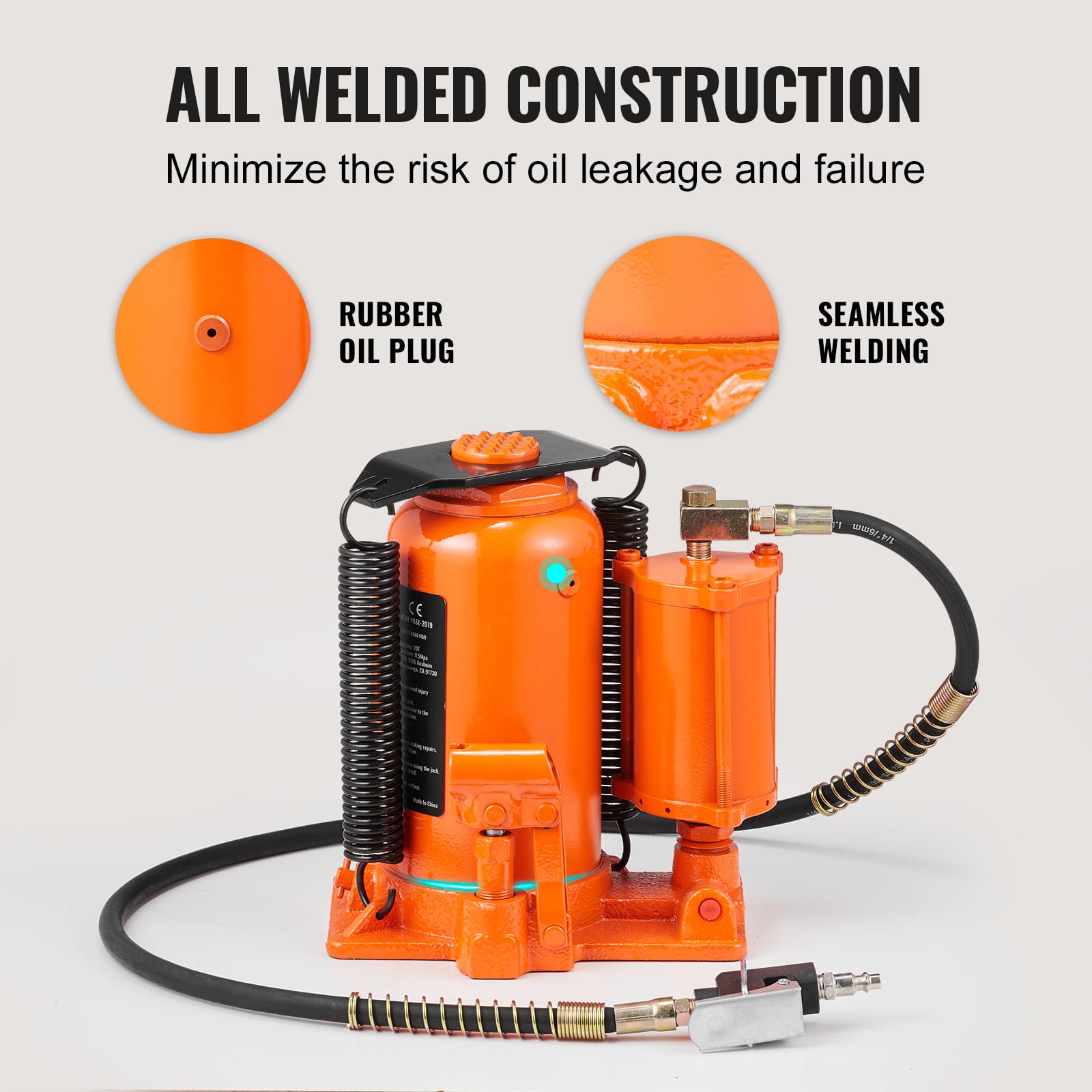 VEVOR 20 Ton Air Hydraulic Bottle Jack - 44,029 LBS Capacity, 10.4-19.7 Inch Lift Range, Heavy Duty Welded Construction with Manual Handle & Air Pump - Perfect for Car, Truck, RV Repair & Industrial Engineering (Workshop, Garage, Construction Site)