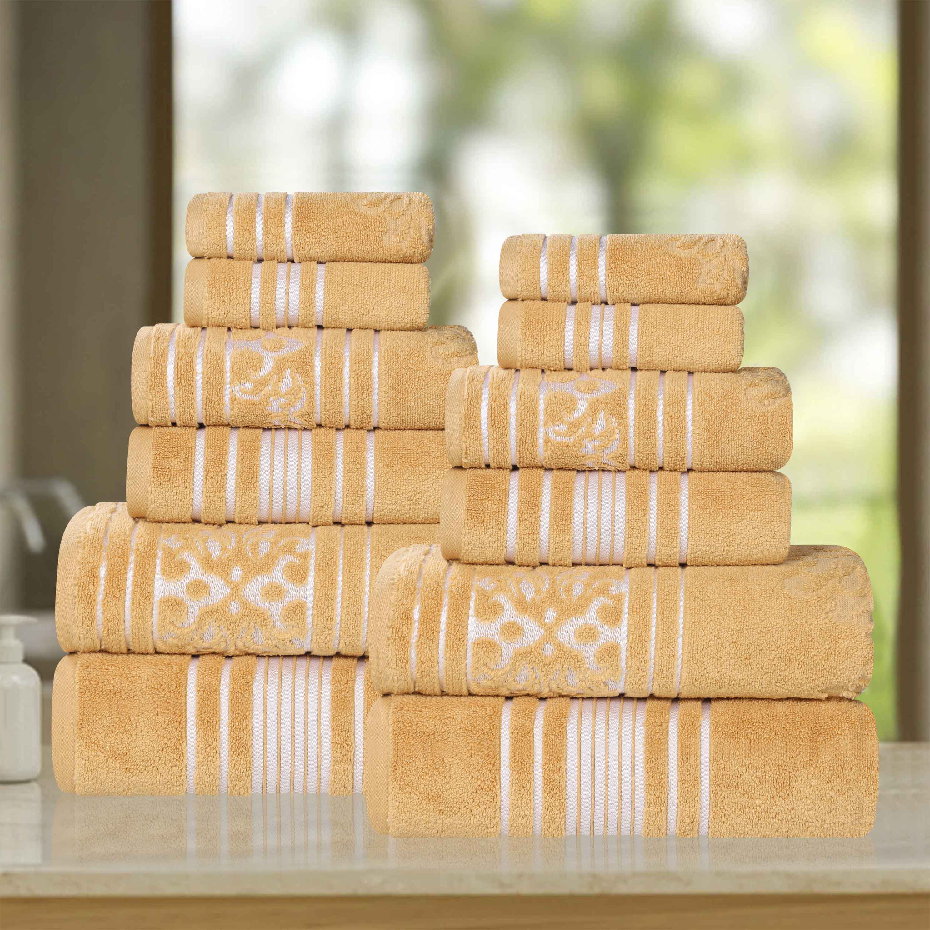 Premium 12-Piece Sadie Zero Twist Cotton Towel Set - Solid & Jacquard Floral Designs | Ultra Soft, Absorbent Bath & Beach Towels for Spa, Pool, Gym & Home Use