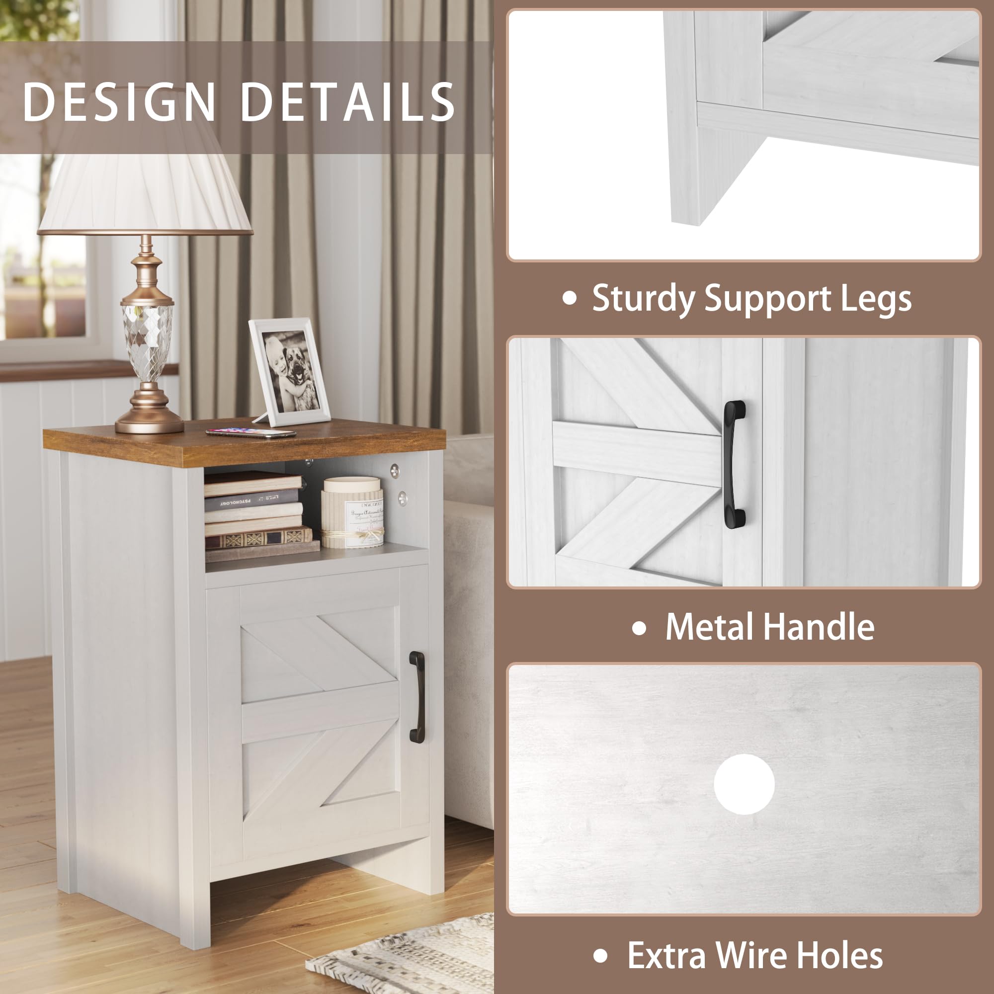 JUMMICO White Farmhouse Nightstand - Modern Bedside Table with Barn Door & Shelf, Rustic End Table for Bedroom & Living Room - Perfect for Small Spaces, Guest Rooms & Apartment Decor (Set of 2)