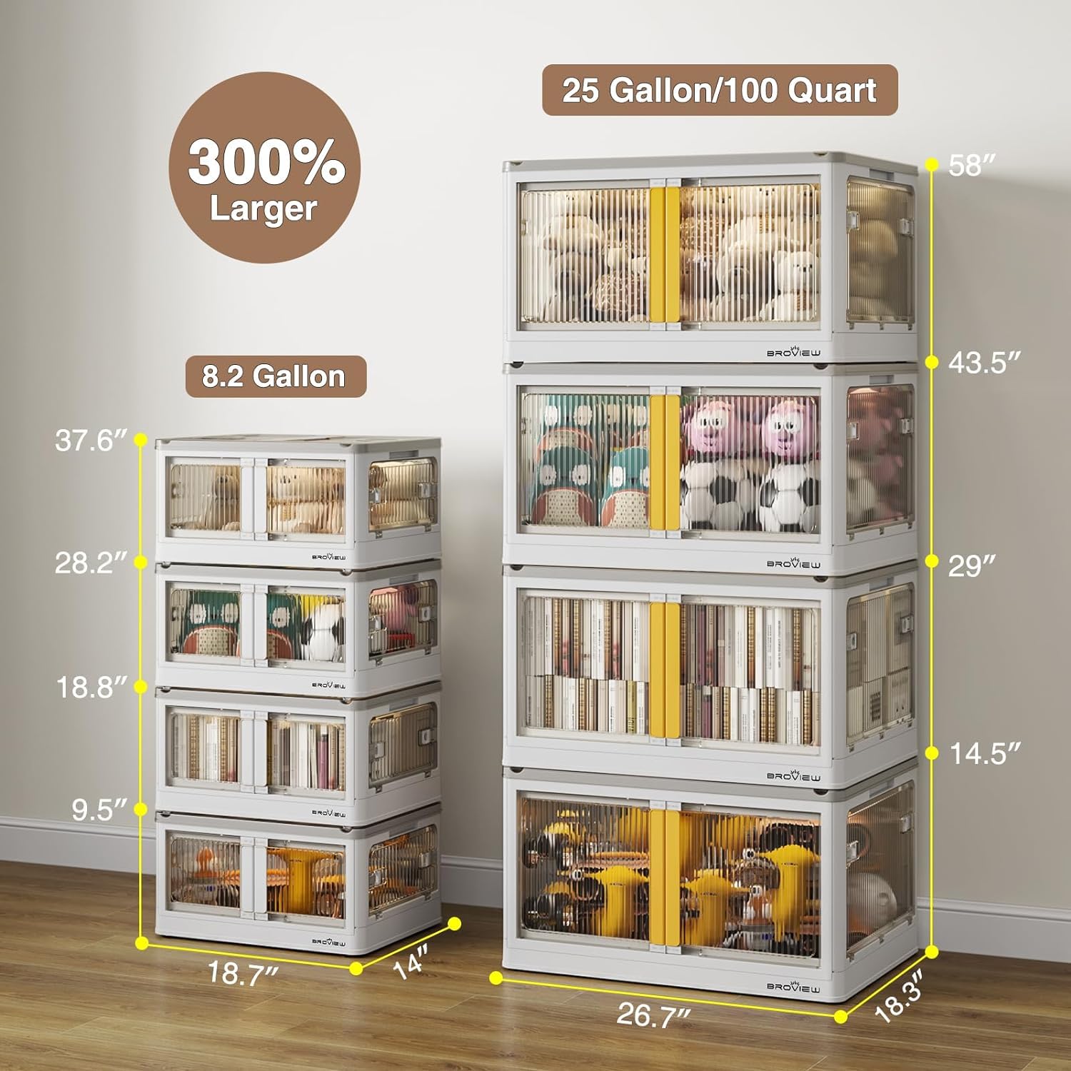 4-Pack Stackable Collapsible Storage Bins with Lids & Wheels - 100 Gallon Plastic Storage Containers with 5 Doors - Foldable Closet Organizers for Home, Garage & Office Organization - White Storage Bins for Shelving, Cabinets & Underbed Storage