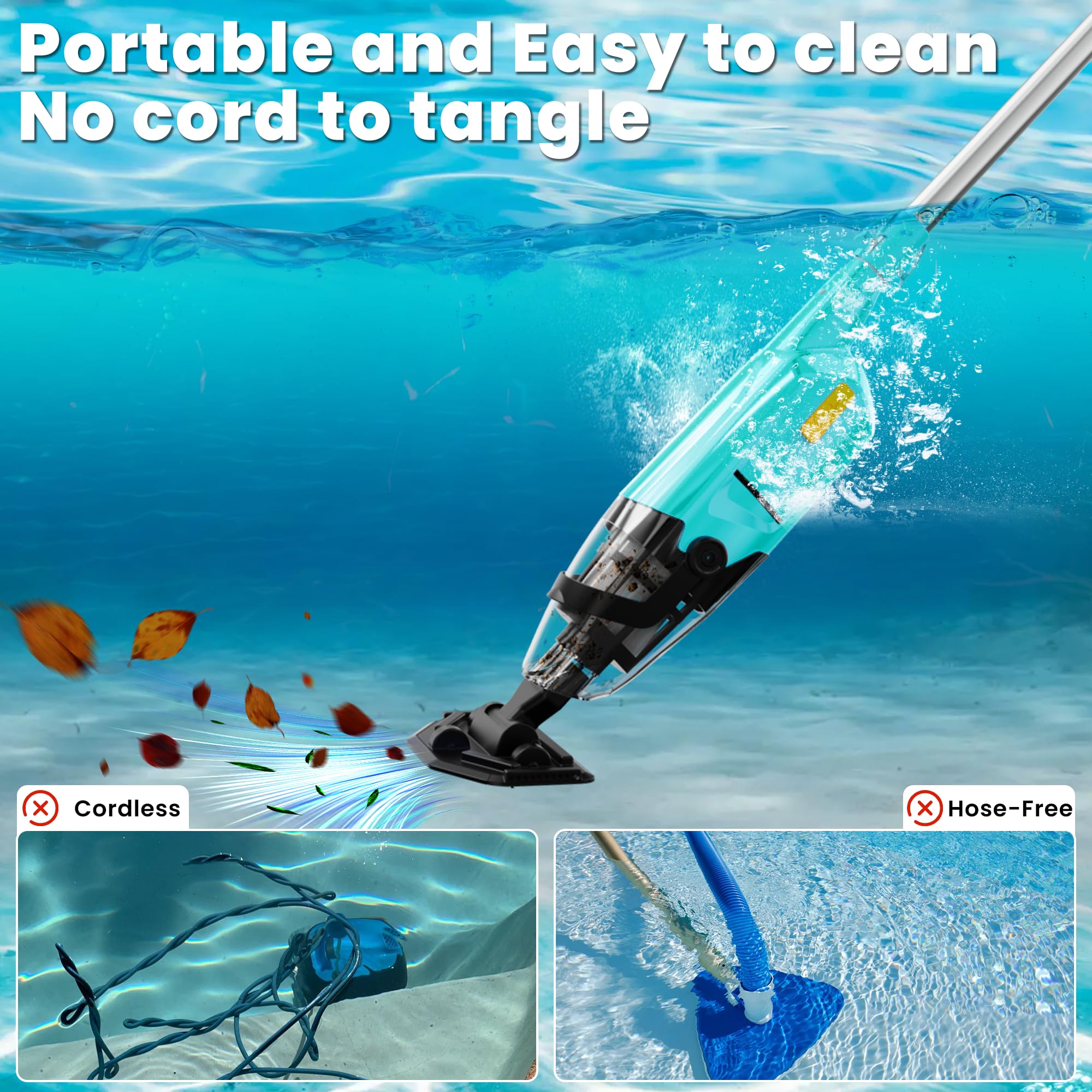 EFURDEN Cordless Rechargeable Pool Vacuum Cleaner - 60 Min Runtime, Handheld for Above Ground & Inground Pools, Spas, Hot Tubs - Efficient Sand & Debris Removal - Lightweight Green Design (Perfect for Quick Pool Maintenance & Seasonal Cleaning)