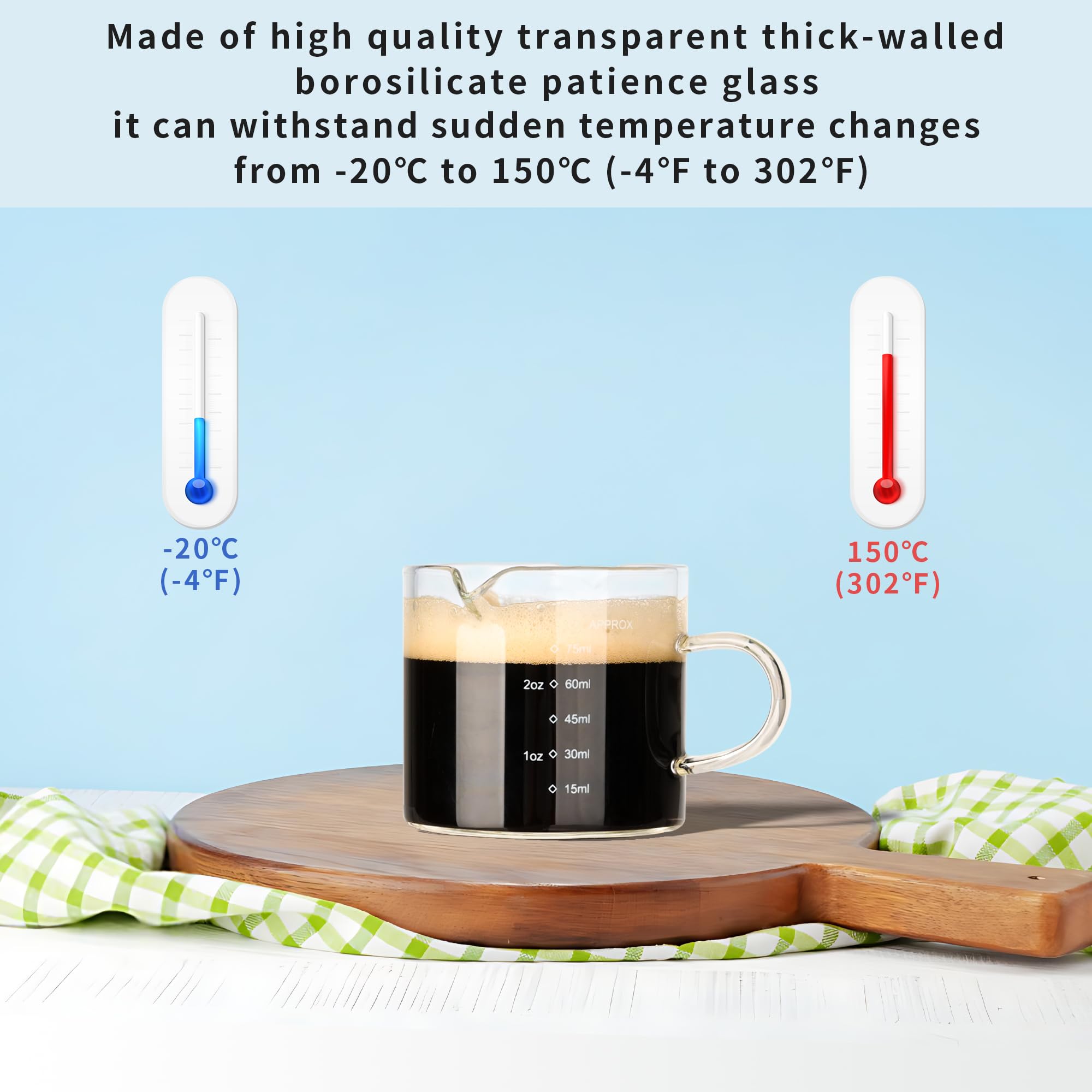 Double Spout Espresso Shot Glass with Handle - 75ML/2.5OZ Clear Measuring Cup - Perfect for Coffee Shops, Home Baristas & Cocktail Making (Set of 2)