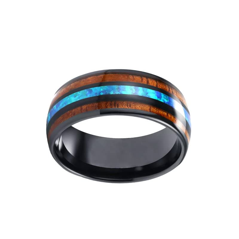 Black Opal Wedding Band for Men - 8mm Tungsten & Hawaiian Koa Wood Ring with Blue Opal Inlays | Unique Comfort Fit Tropical Style Jewelry | Perfect for Anniversary Gifts, Beach Weddings & Hawaiian-Themed Events