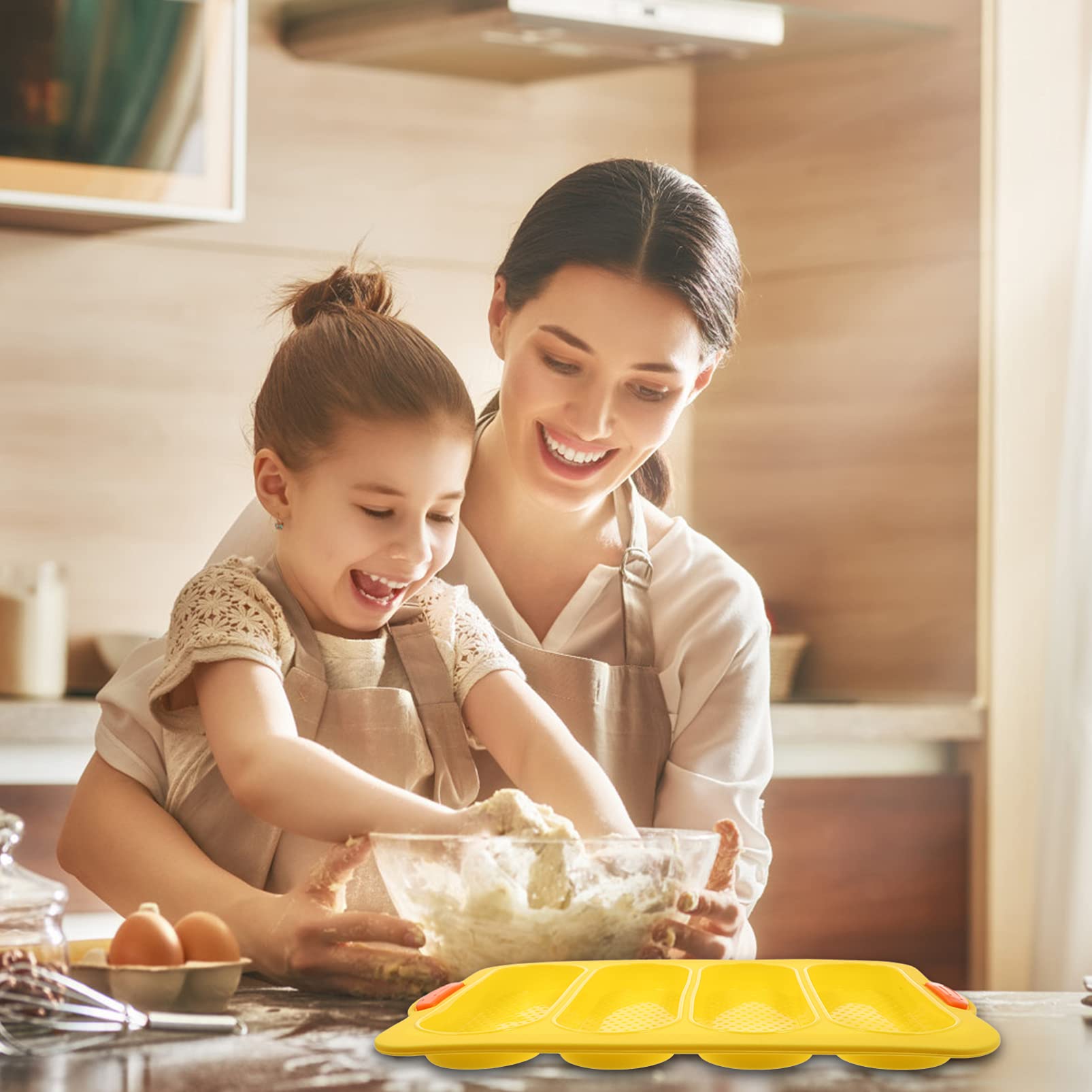 Nonstick Silicone Bread Loaf Pan - 4 Loaf Perforated French Bread Baking Tray for Oven Cooking | Perfect for French Toast, Italian Bread & Homemade Artisan Baking | Durable & Easy Clean Yellow Silicone Pan