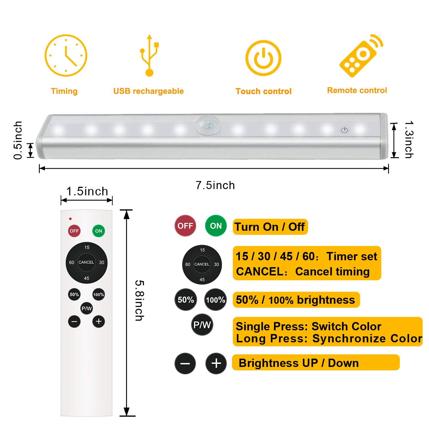 Diomart 20-LED Rechargeable Wireless Closet Light with Remote & Touch Control - Under Cabinet Lighting for Kitchen, Wardrobe, Stairs, Hallway - Stick Anywhere Night Light Bar (1 Pack) - Perfect for Bedrooms, Closets & Dark Spaces