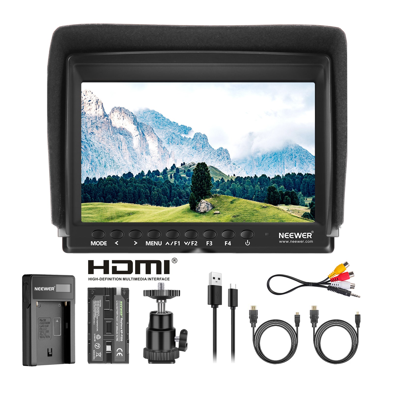 NEEWER F100 7 Inch HD Camera Field Monitor Kit with Sun Hood & HDMI Cable - Professional DSLR Video Monitor for Filmmaking, Vlogging, and Outdoor Photography