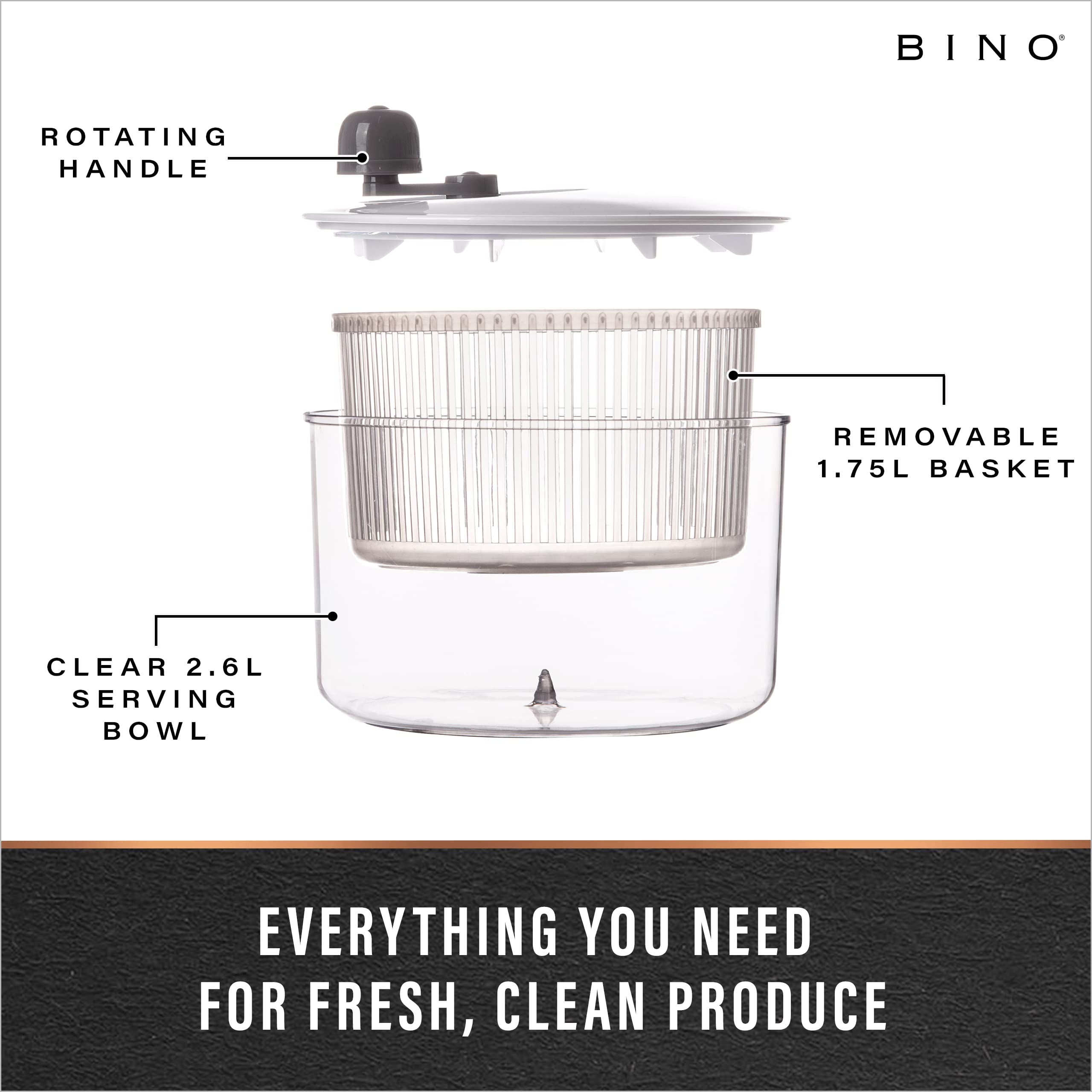 BINO 2.75 Qt Manual Salad Spinner - Lettuce Dryer with Serving Bowl, Fruit & Vegetable Basket, Pasta & Herb Strainer - Perfect for Fresh Salads, Meal Prep & Healthy Cooking | Kitchen Gadgets for Home Chefs