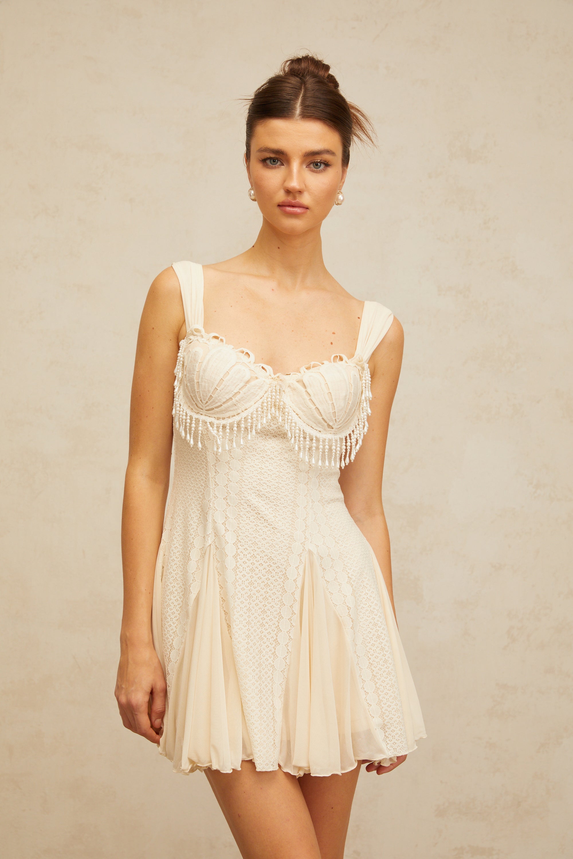 Atalanta Embellished Flared Mini Dress in Cream White - Perfect for Parties, Weddings & Special Occasions