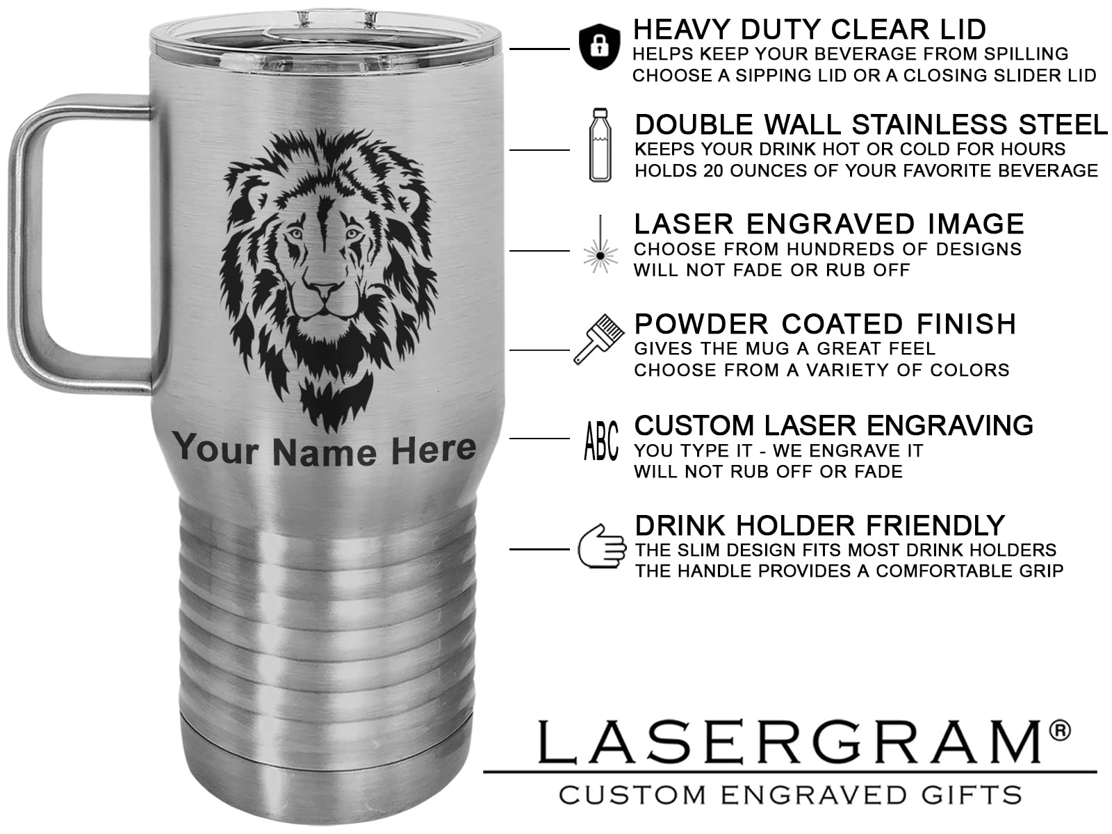 LaserGram 20oz Vacuum Insulated Stainless Steel Travel Mug with Handle - Custom Engraved Moose Design | Perfect for Coffee, Tea & Hot/Cold Beverages on the Go, Office or Outdoor Adventures
