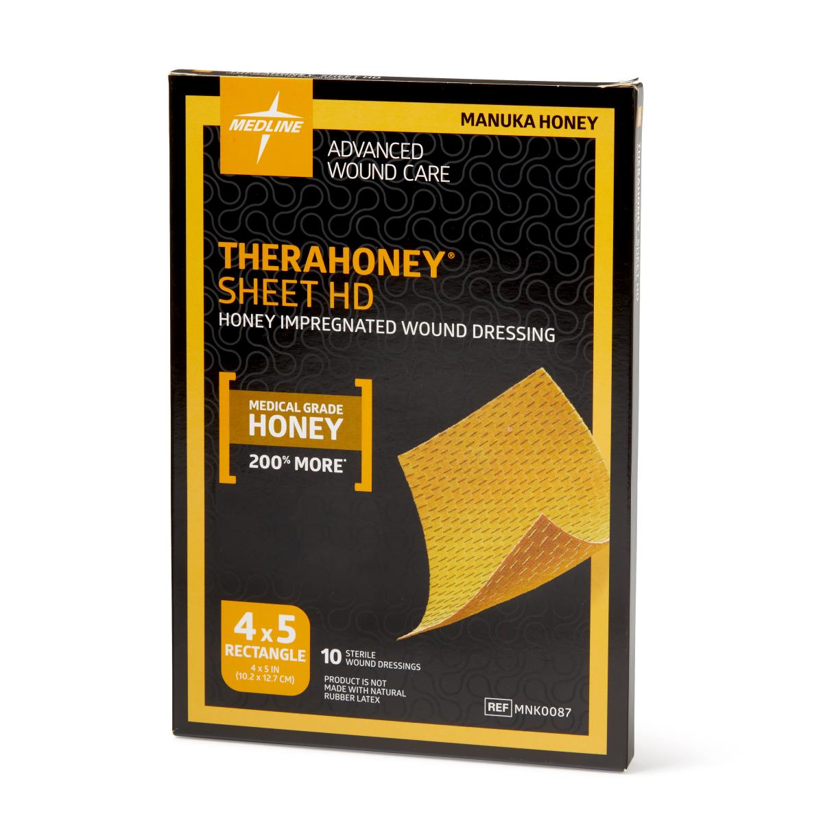 TheraHoney HD Medical Grade Honey Wound Dressings 4x5 Inches - Box of 10 Sterile Wound Care Bandages for Burns, Ulcers & Post-Surgery Healing
