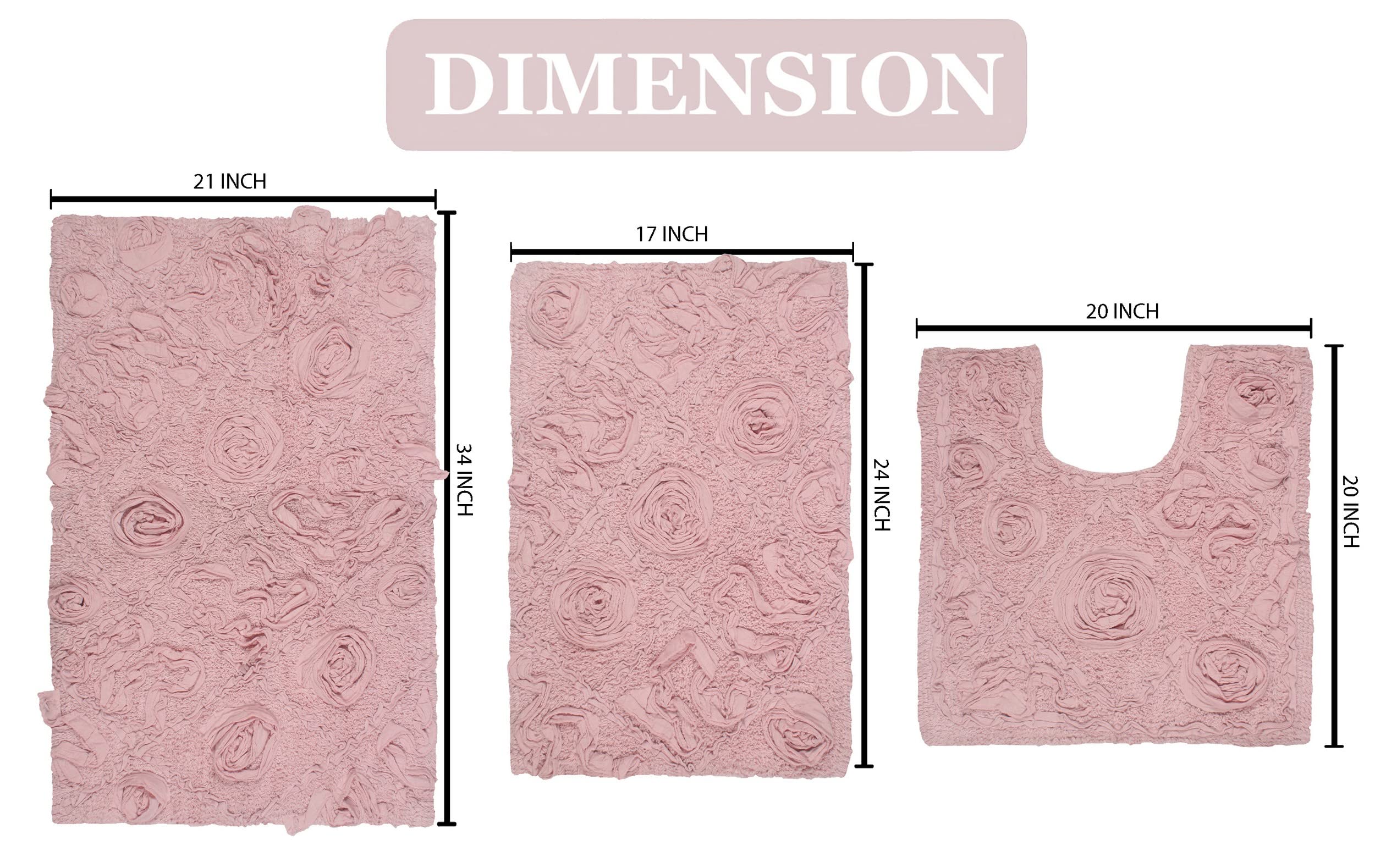 Premium 100% Cotton Bath Rug Set - Ultra Soft, Absorbent & Washable Non-Slip Bathroom Mats - 3-Piece Contour Design for Bathroom & Kitchen Floor - Perfect for Home, Apartment, Spa & Guest Bathroom Use (Pink)