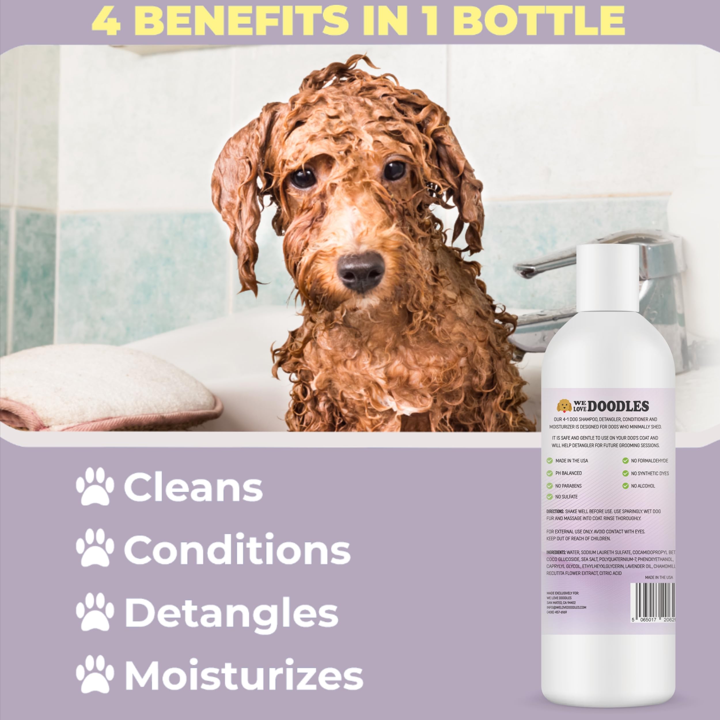 4-in-1 Lavender & Chamomile Dog Shampoo with Conditioner & Detangler - Best Hypoallergenic Shampoo for Goldendoodles, Poodles & Doodles - Matted Hair Solution for Dogs - Made in USA, 16oz - Perfect for Bath Time & Grooming Sessions