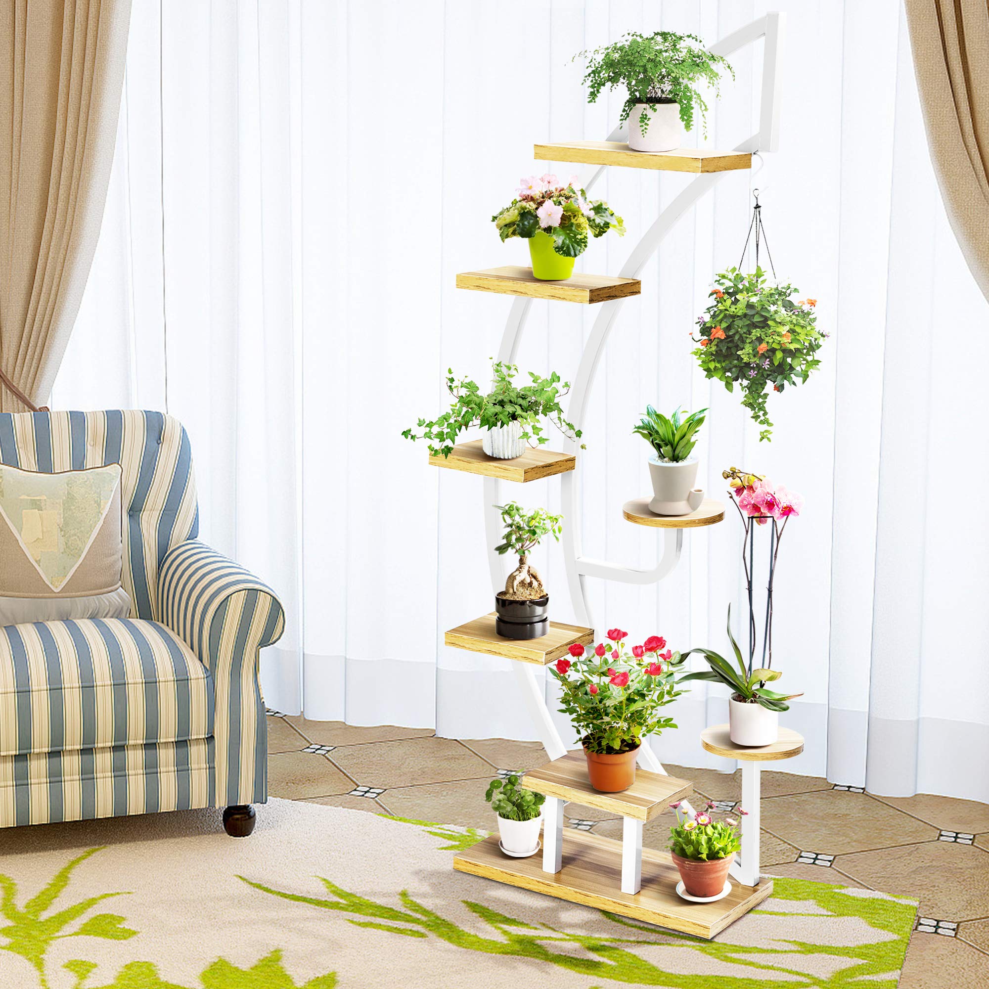 VIVOHOME 6 Tier 9 Potted Steel-Wood Plant Stand with Hanger - Curved Flower Pot Holder Shelf for Indoor Plants - Perfect for Living Room, Balcony, and Home Decor