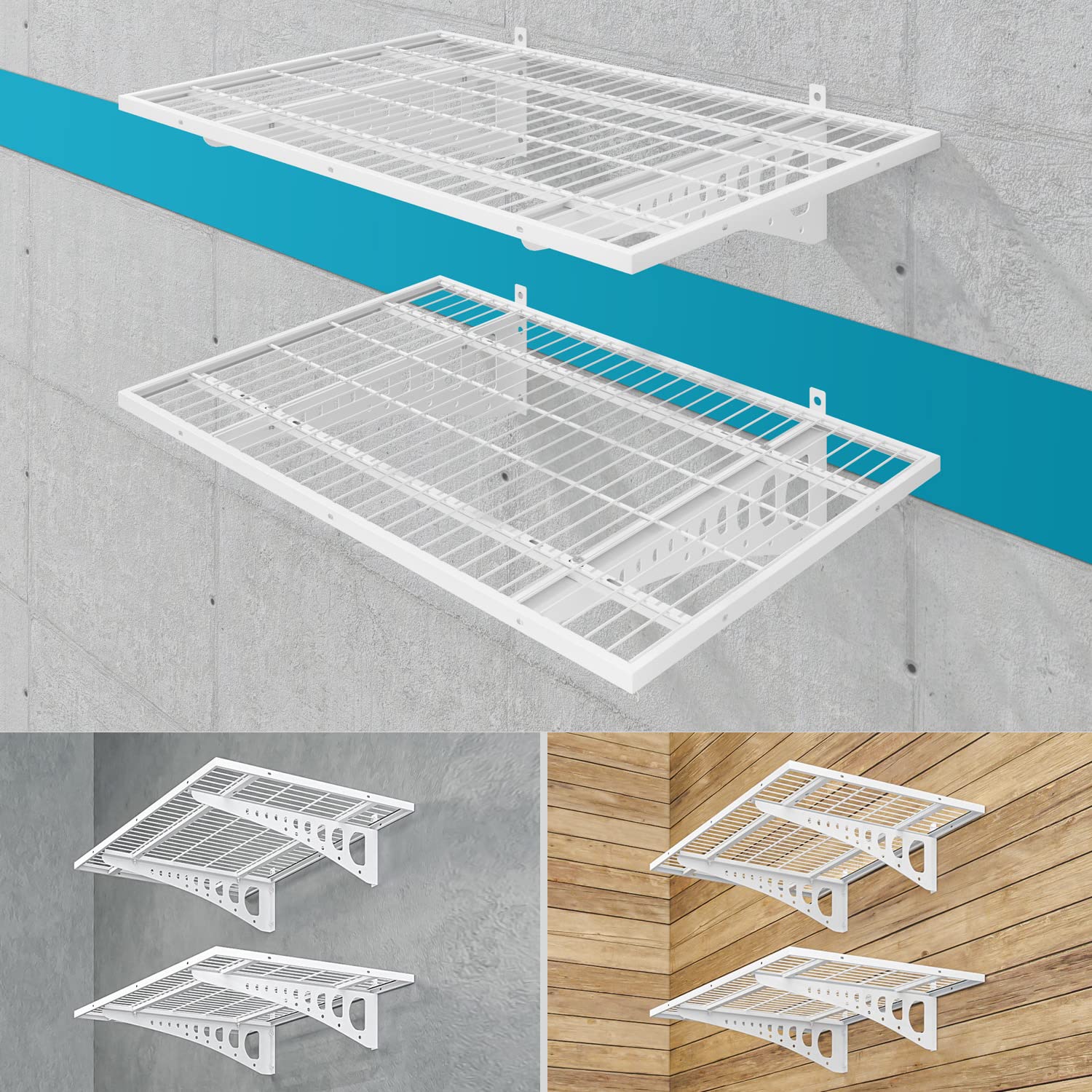 Heavy Duty Wall Mounted Garage Storage Shelves 2 Pack 2x3ft - 500 lbs Capacity White Metal Adjustable Floating Shelves for Garage Organization, Workshop, Basement & Closet Storage System