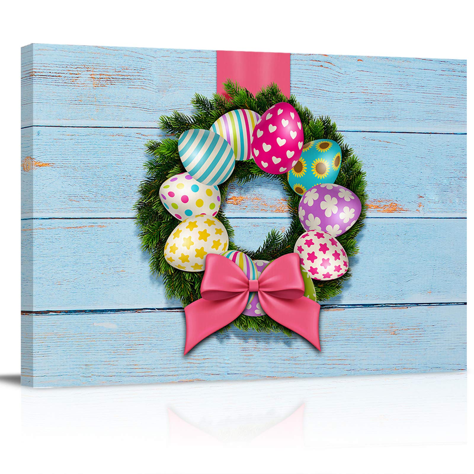 Funny Easter Egg Wreath Canvas Wall Art - Retro Blue Wood Grain Framed Print with Cute Bow - Ready to Hang Home Decor for Kitchen, Bedroom, Living Room (28x20 Inches) - Perfect for Easter Decorations & Spring Home Styling