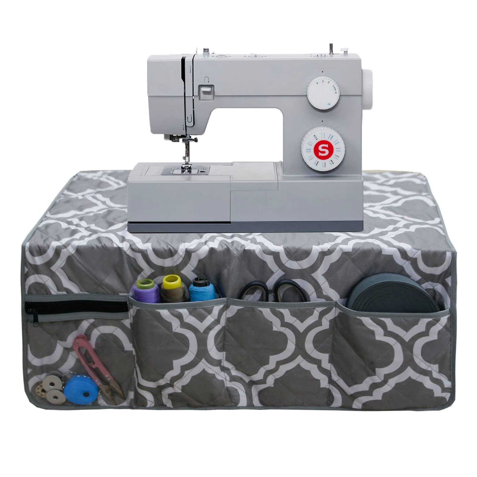Non-Slip Sewing Machine Pad with 4 Storage Pockets & Dust Cover - Grey Patterned Work Table Protector for Quilting, Crafting & Sewing Projects | Machine Accessories Organizer for Home & Studio Use