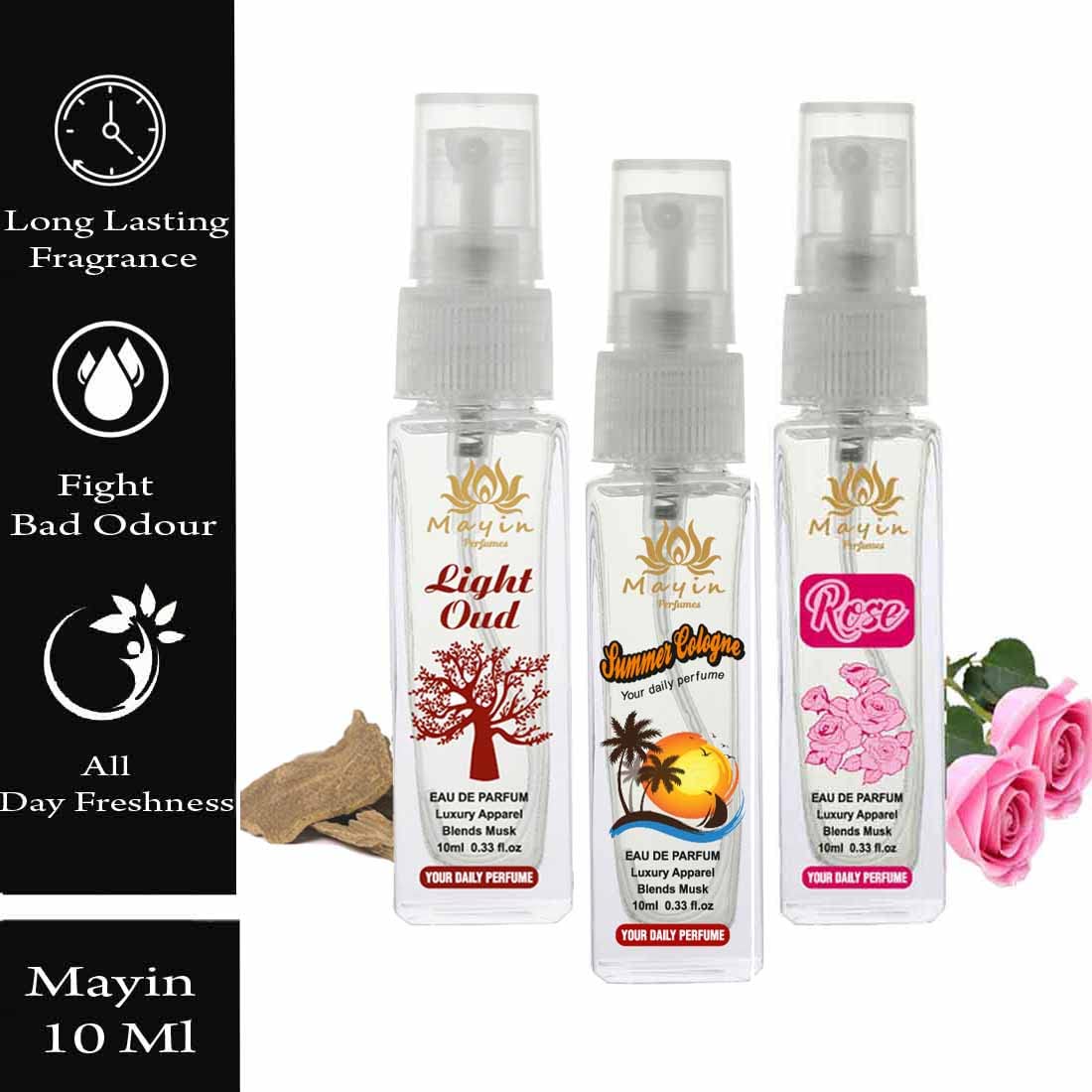 Mayin Rose Summer Cologne - Light Oudh Eau De Parfum & Pocket Perfume Set for Women (30ml x 3 Pack) | Floral Fragrance for Date Night, Office & Special Occasions